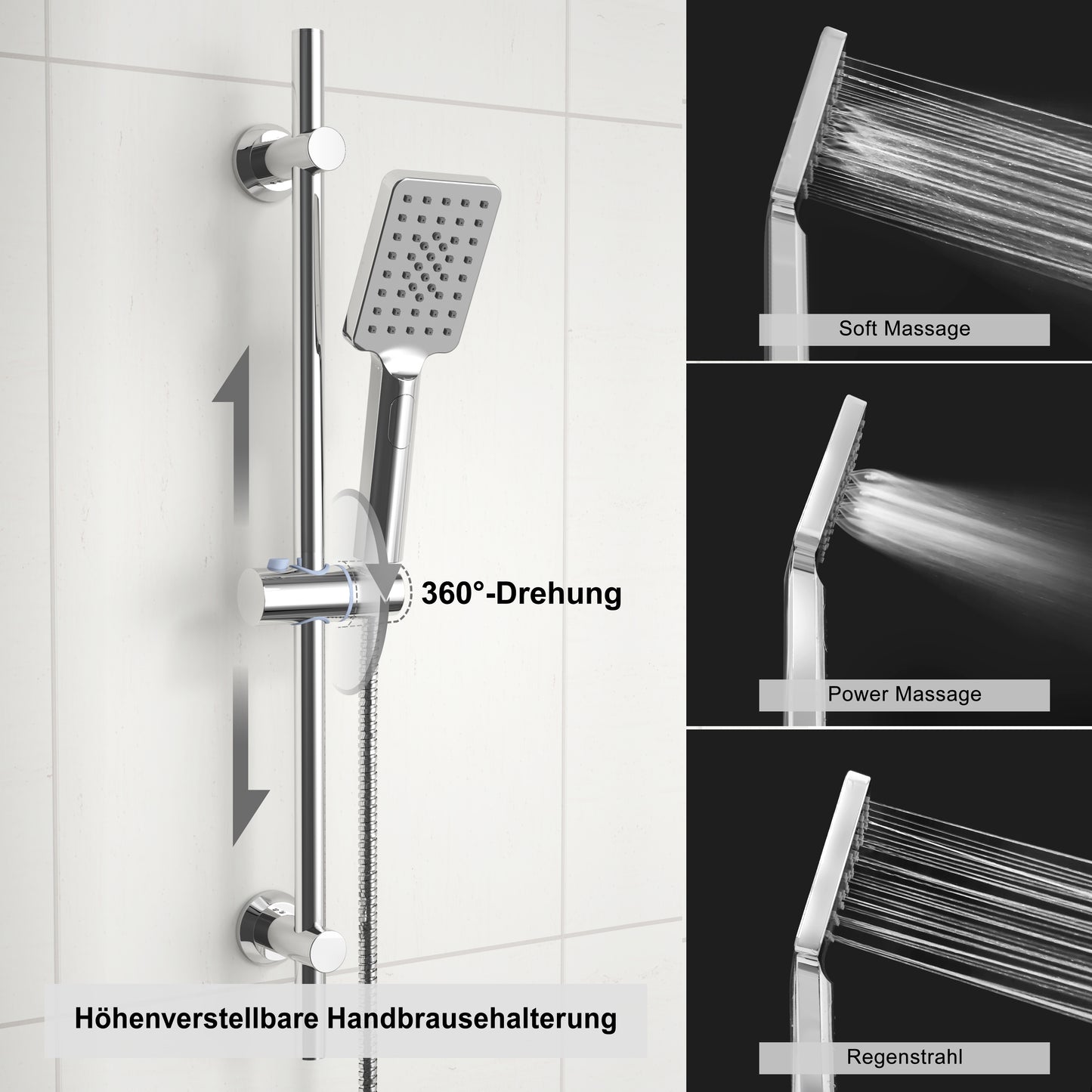 JOHO Thermostat Duschsystem mit Duscharmatur, Duschstangeset mit Duschablage, Thermostat Mischbatterie Dusche + Edelstahl Brausestangeset 70cm mit Handbrause und Schlauch Rechteckig Chrom