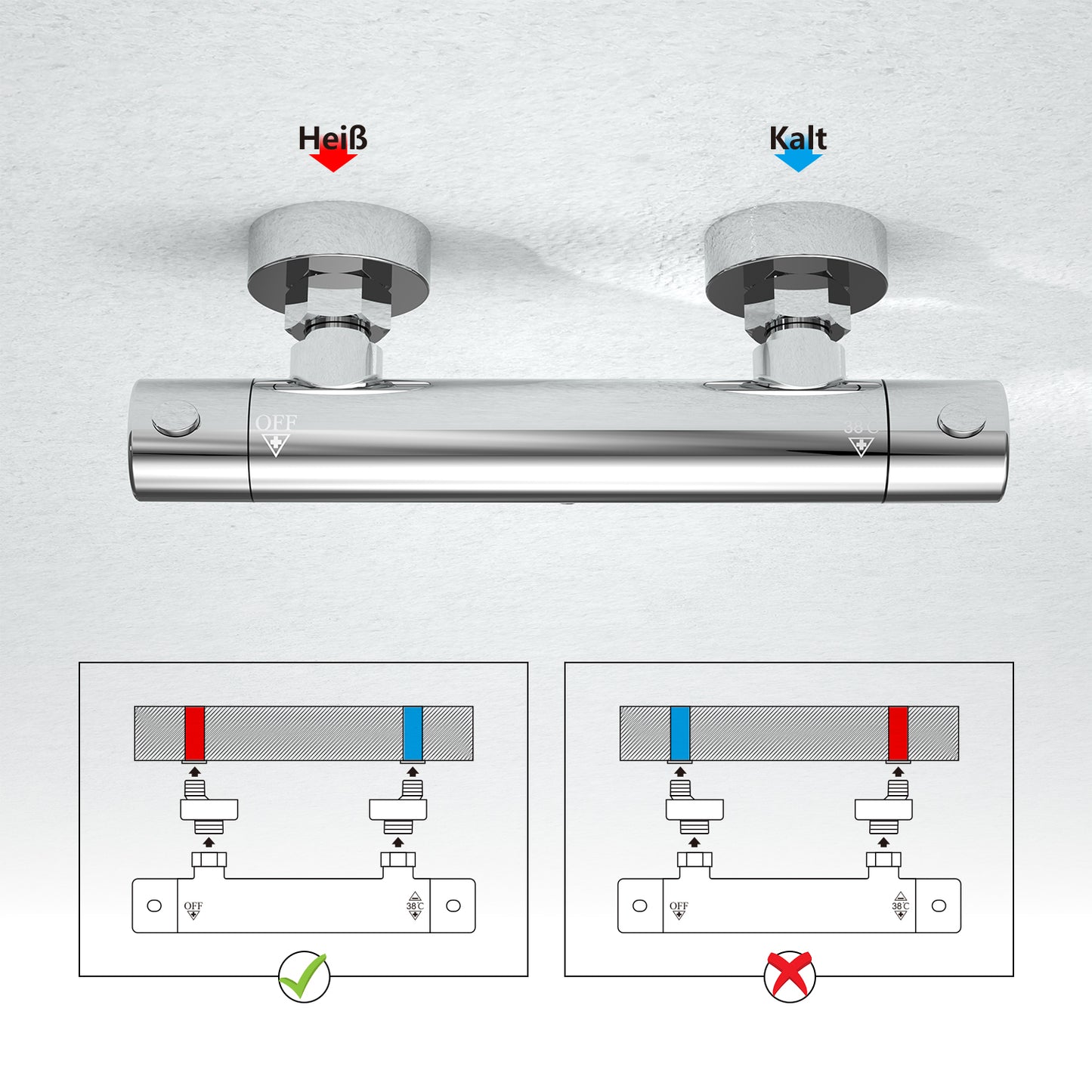 JOHO Thermostat Duschsystem mit Duscharmatur, Duschstangeset mit Duschablage, Thermostat Mischbatterie Dusche + Edelstahl Brausestangeset 70cm mit Handbrause und Schlauch Rechteckig Chrom