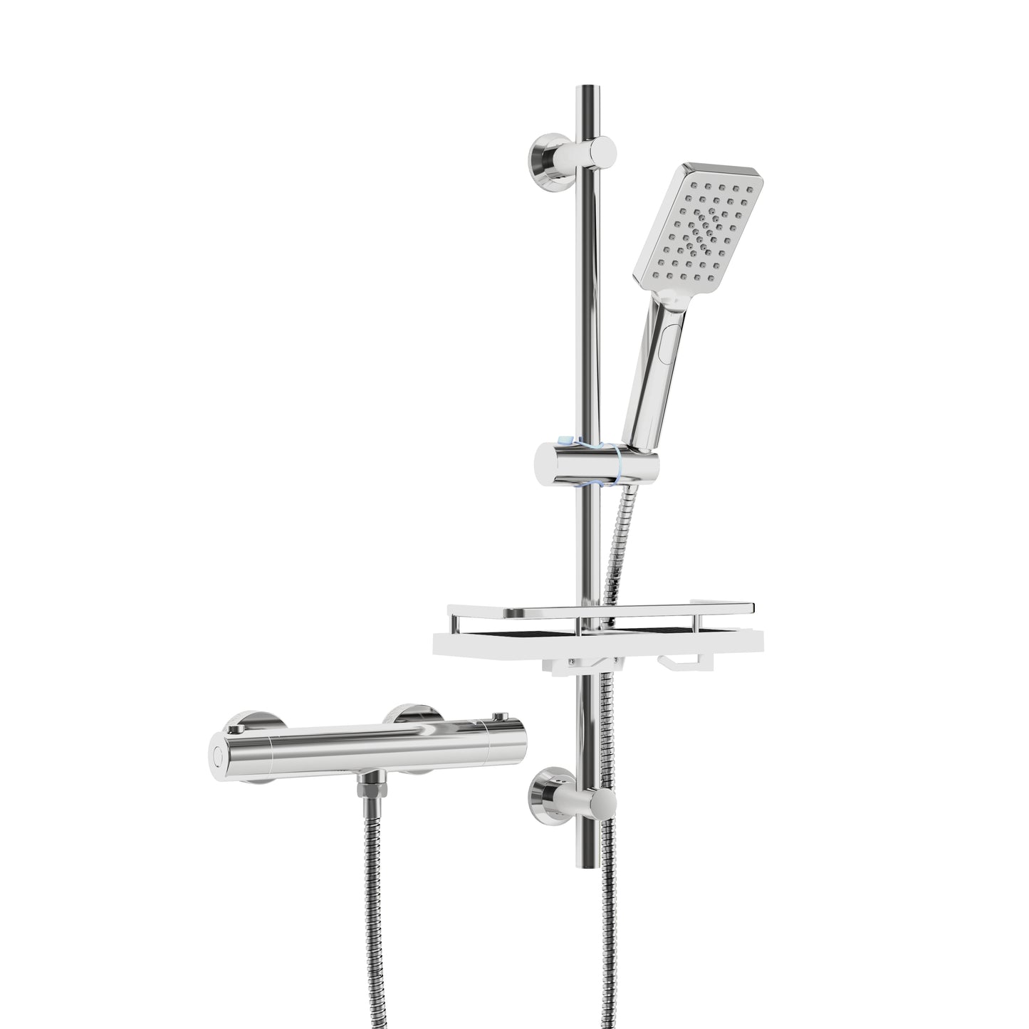 JOHO Thermostat Duschsystem mit Duscharmatur, Duschstangeset mit Duschablage, Thermostat Mischbatterie Dusche + Edelstahl Brausestangeset 70cm mit Handbrause und Schlauch Rechteckig Chrom