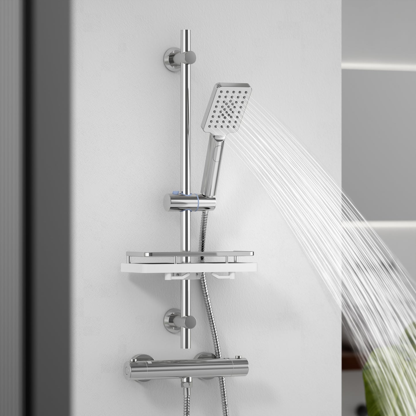 JOHO Thermostat Duschsystem mit Duscharmatur, Duschstangeset mit Duschablage, Thermostat Mischbatterie Dusche + Edelstahl Brausestangeset 70cm mit Handbrause und Schlauch Rechteckig Chrom