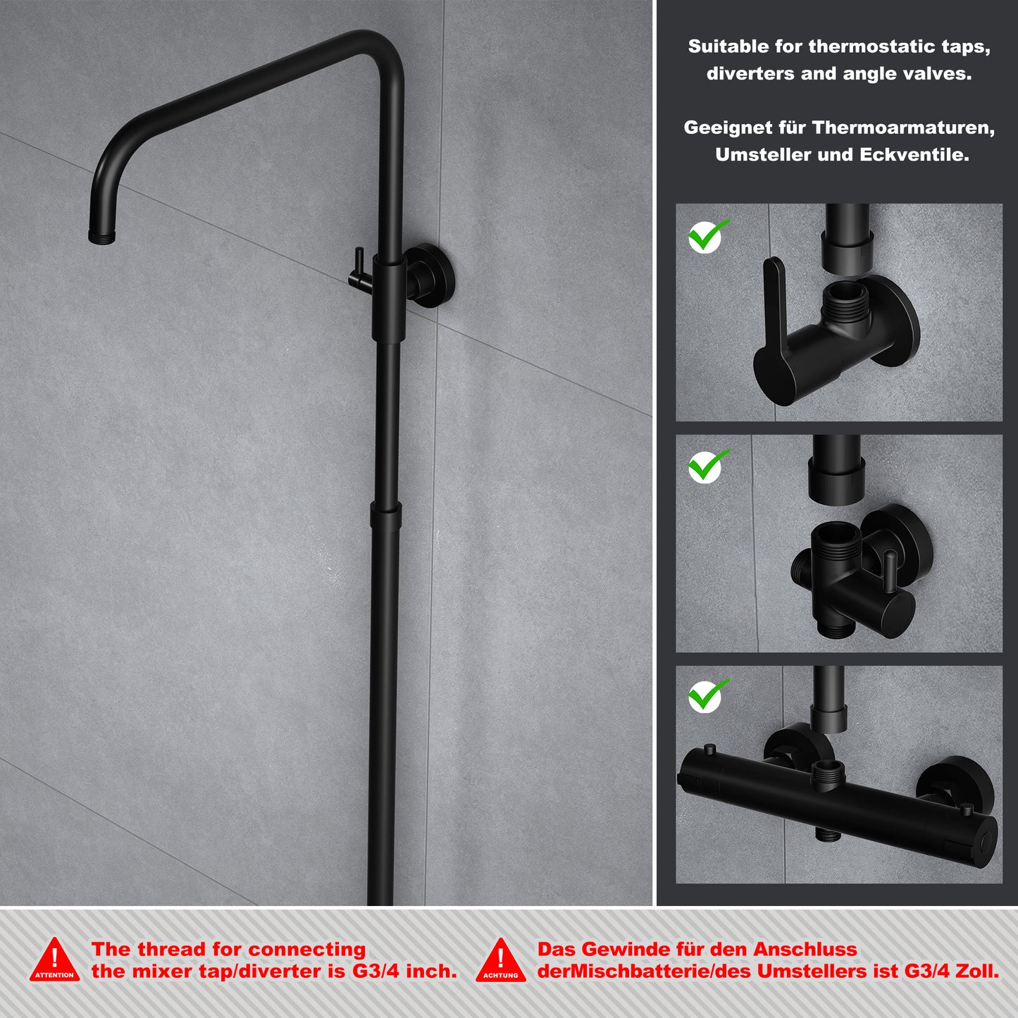 JOHO Höheverstellbare Duschstange aus Edelstahl Duschsäule Wandstange Regendusche Brausearm mit verstellbare Länge von 69 bis 111cm Schwarz