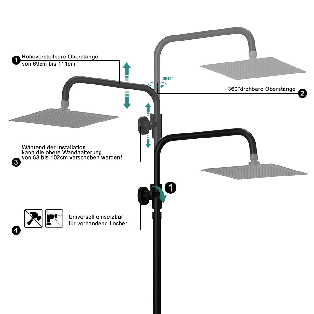 JOHO Höheverstellbare Duschstange aus Edelstahl Duschsäule Wandstange Regendusche Brausearm mit verstellbare Länge von 69 bis 111cm Schwarz