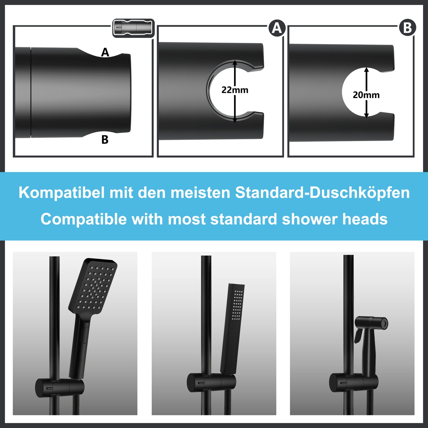 JOHO Höheverstellbare Duschstange mit Handbrausehalter und Gewindeadapter, Edelstahl Duschsäule Wandstange Brausearm mit Verstellbare Länge Schwarz