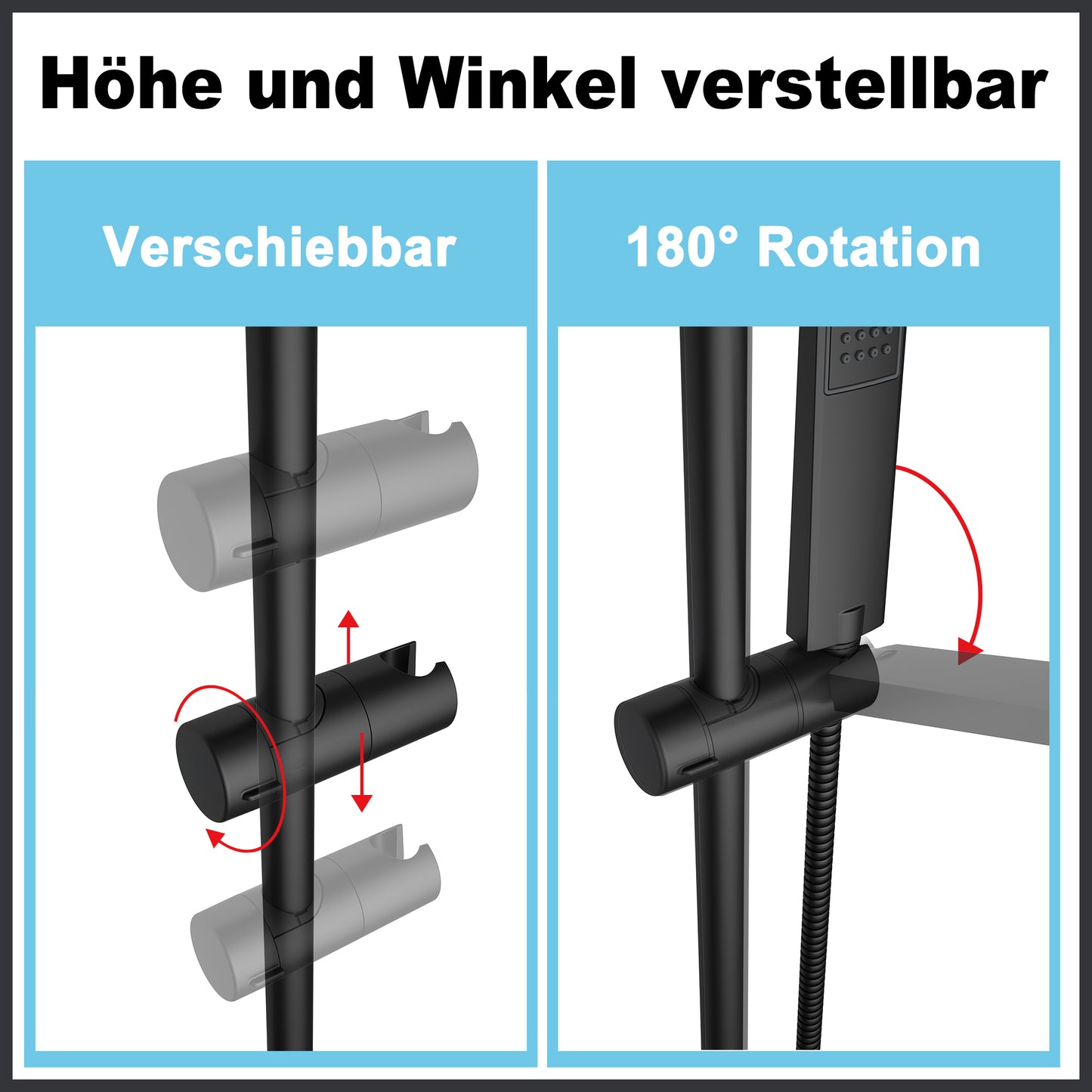 JOHO Höheverstellbare Duschstange mit Handbrausehalter Duschhalterung, Edelstahl Duschsäule Wandstange Brausearm mit Verstellbare Länge Schwarz