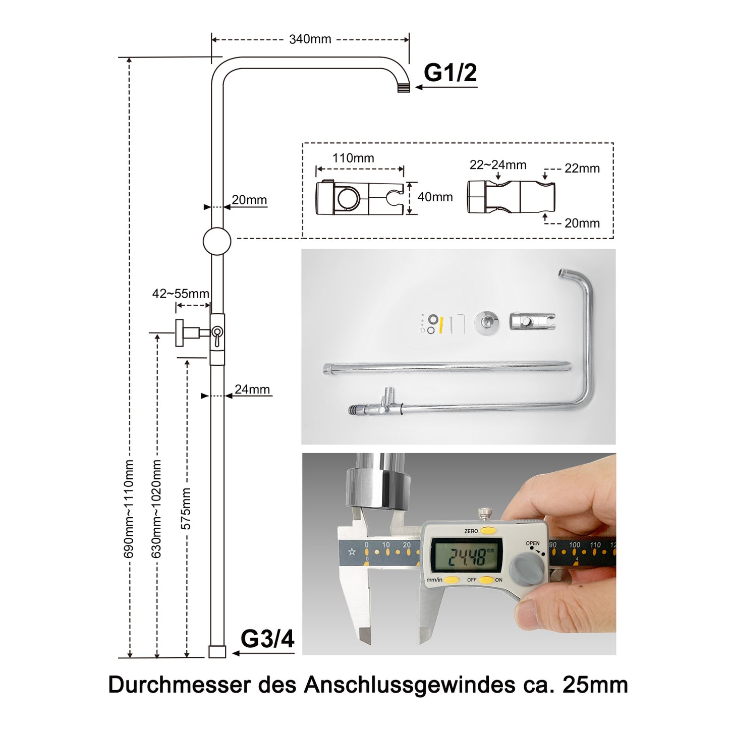JOHO Höheverstellbare Duschstange mit Handbrausehalter Duschhalterung, Edelstahl Duschsäule Wandstange Brausearm mit Verstellbare Länge Chrom,DE