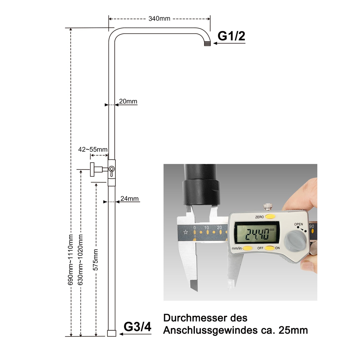 JOHO Höheverstellbare Duschstange aus Edelstahl Duschsäule Wandstange Regendusche Brausearm mit verstellbare Länge von 69 bis 111cm Schwarz