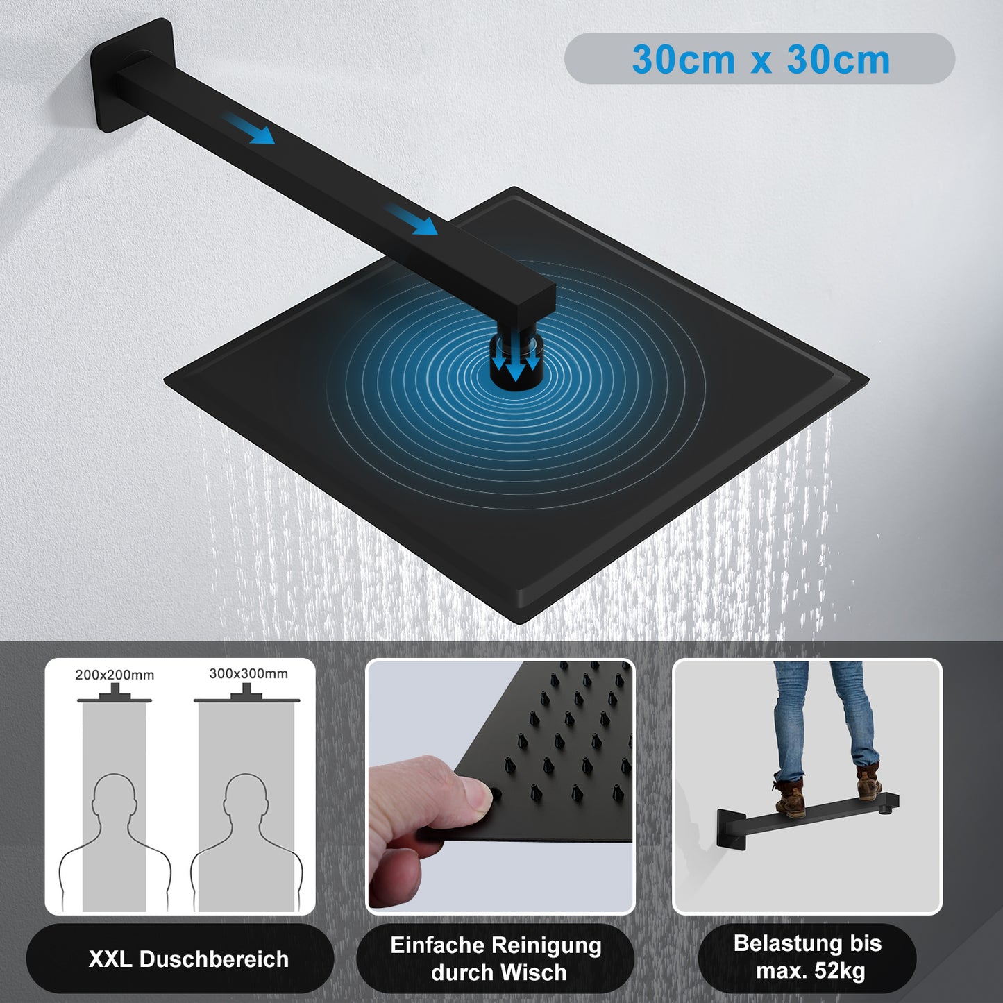 JOHO Regendusche Duschkopf Eckig Regenbrause Einbauduschköpfe aus 304 Edelstahl mit Bombenfester Brausearm Wandarm Duscharm 37cm Schwarz
