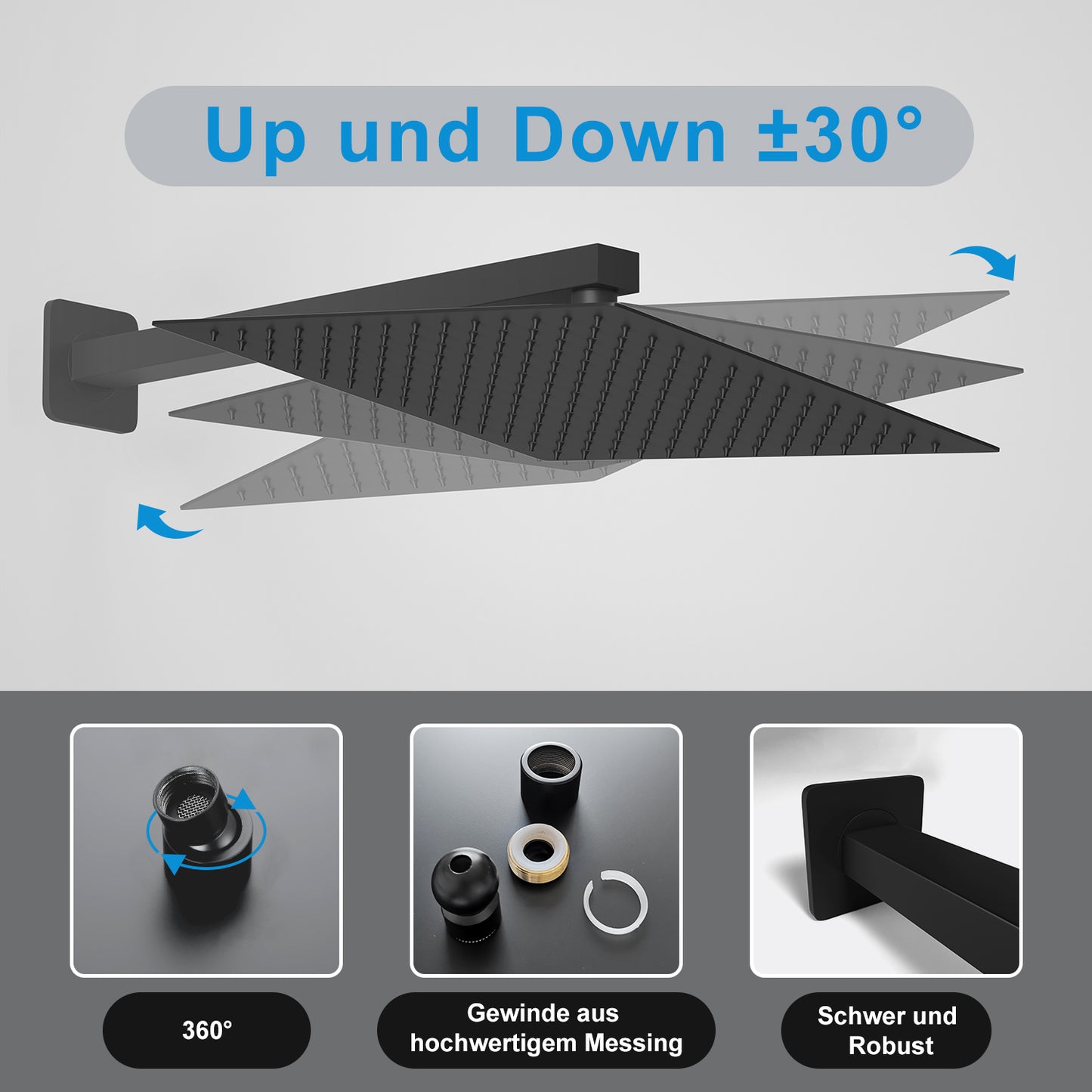 JOHO Regendusche Duschkopf Eckig Regenbrause Einbauduschköpfe aus 304 Edelstahl mit Bombenfester Brausearm Wandarm Duscharm 37cm Schwarz
