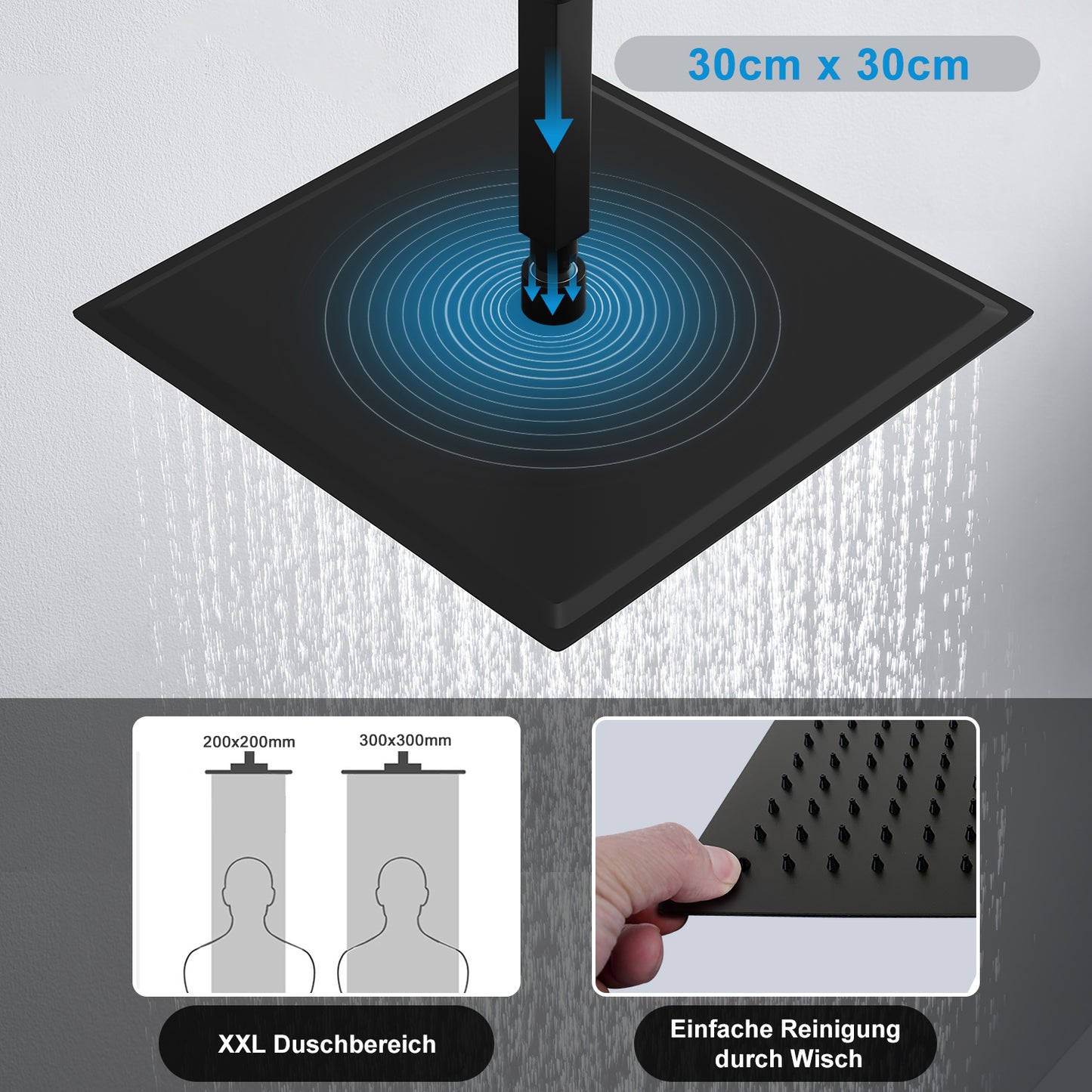 JOHO 30cm Regendusche Duschkopf Regenbrause Einbauduschköpfe aus 304 Edelstahl mit Bombenfester Brausearm zum Deckenanschluss 15cm Schwarz(30x30cm/15cm)
