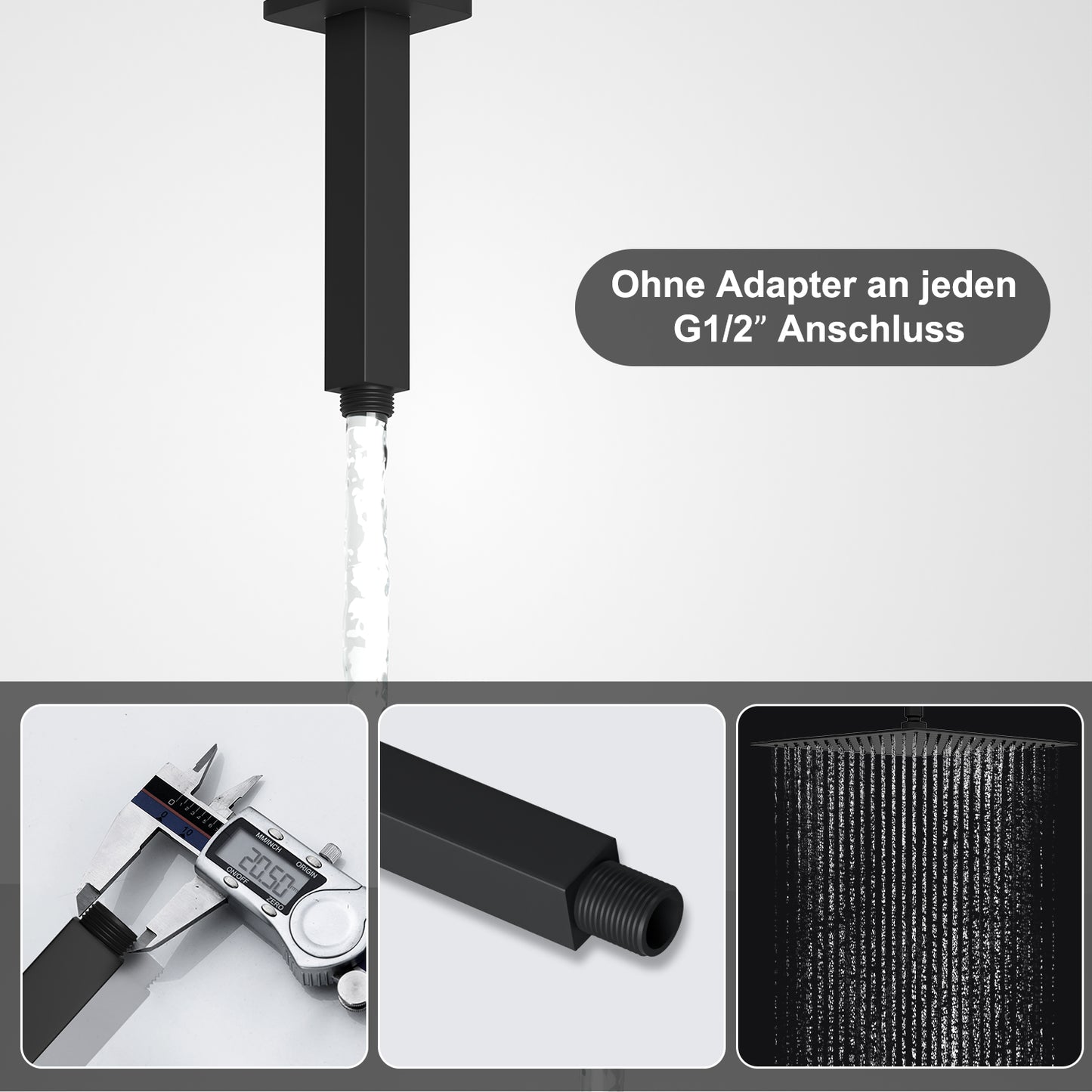 JOHO Bombenfester Brausearm zum Deckenanschluss, Edelstahl Duscharm für Kopfbrause Regenduschkopf mit zulässiger Belastung ca.52Kg 155mm Schwarz