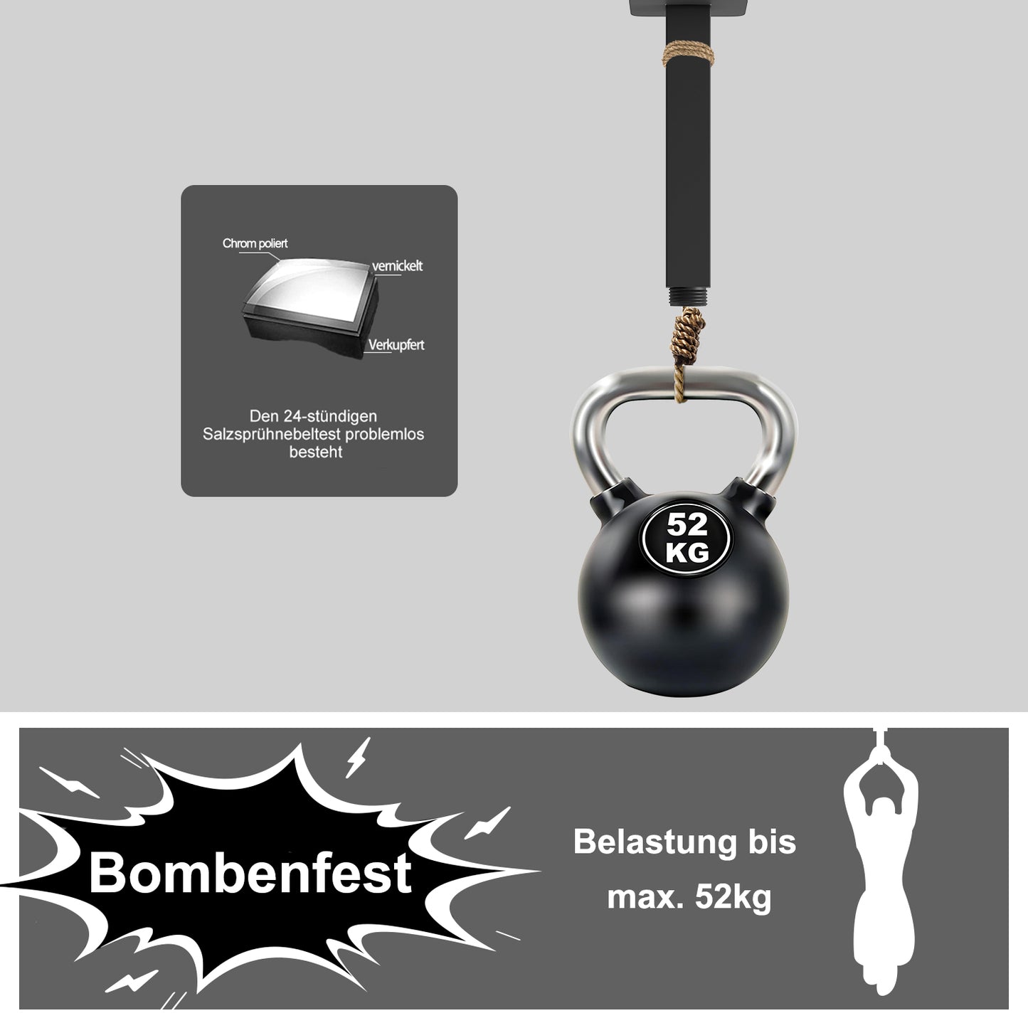 JOHO Bombenfester Brausearm zum Deckenanschluss, Edelstahl Duscharm für Kopfbrause Regenduschkopf mit zulässiger Belastung ca.52Kg 155mm Schwarz