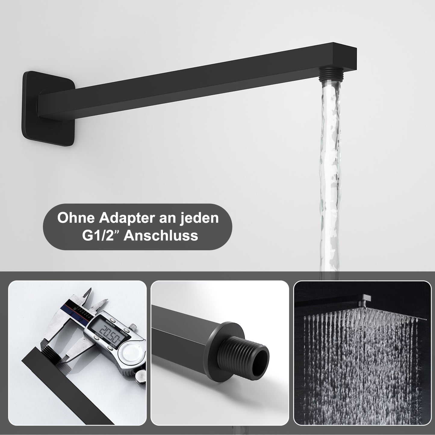 JOHO Bombenfester Brausearm Edelstahl Wandarm für Kopfbrause Regenduschkopf mit zulässiger Belastung ca.52Kg 37cm Schwarz