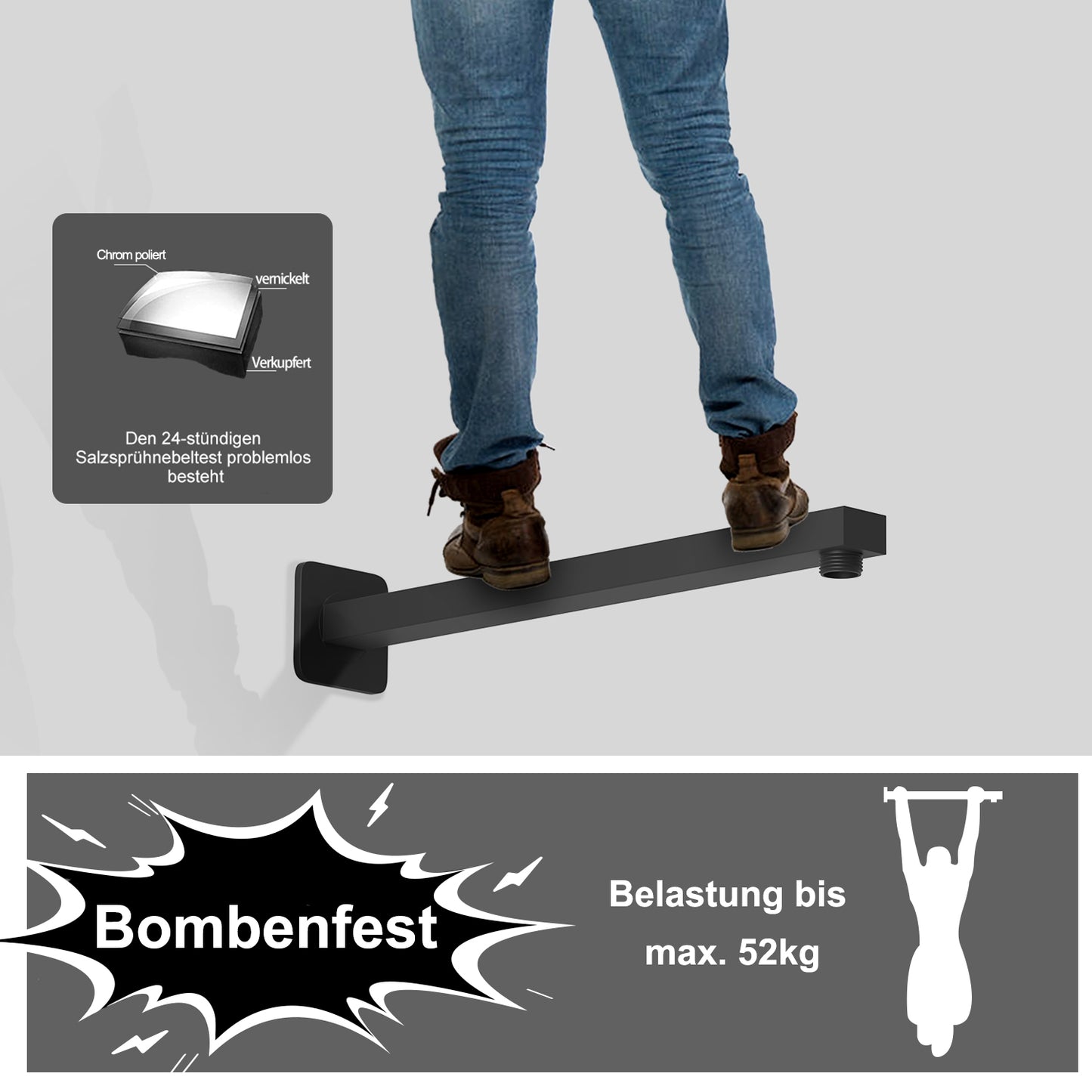 JOHO Bombenfester Brausearm Edelstahl Wandarm für Kopfbrause Regenduschkopf mit zulässiger Belastung ca.52Kg 37cm Schwarz