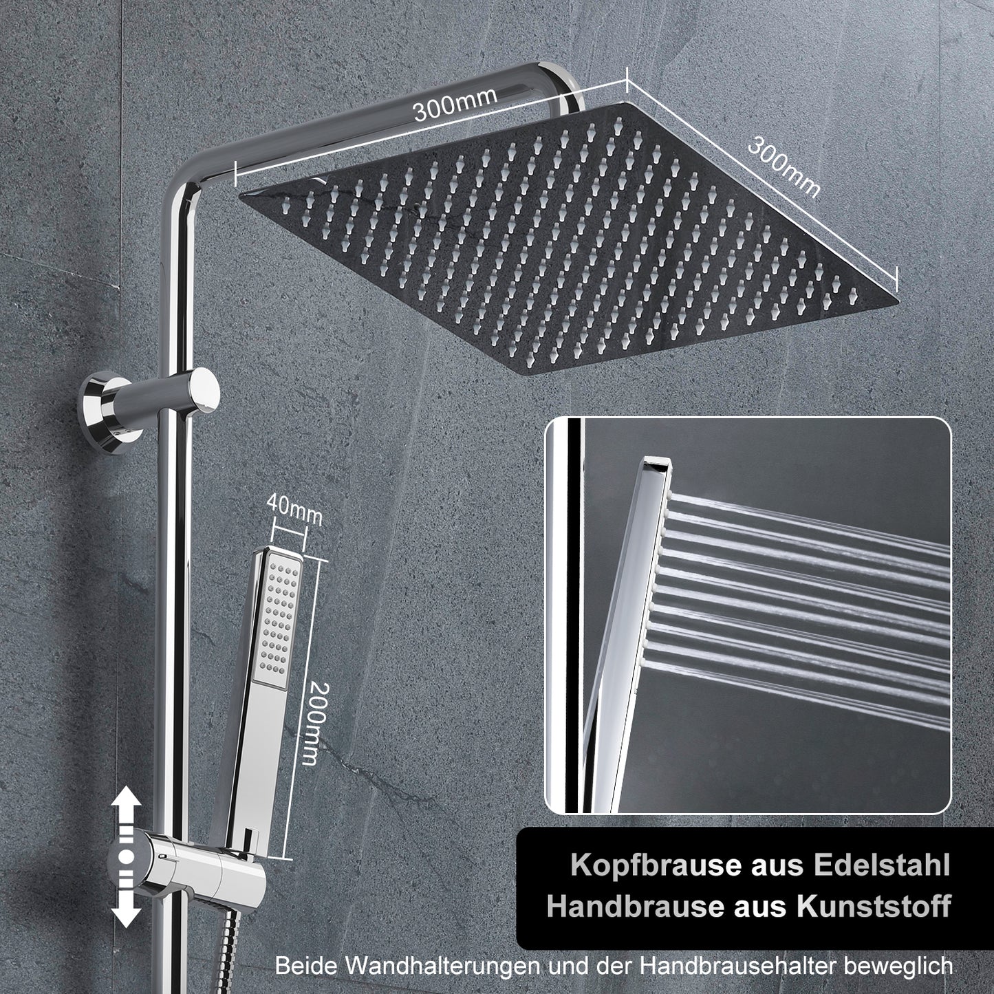 JOHO Edelstahl Duschsystem Duschset Überkopfbrauseset mit 92CM Duschstange Eckig