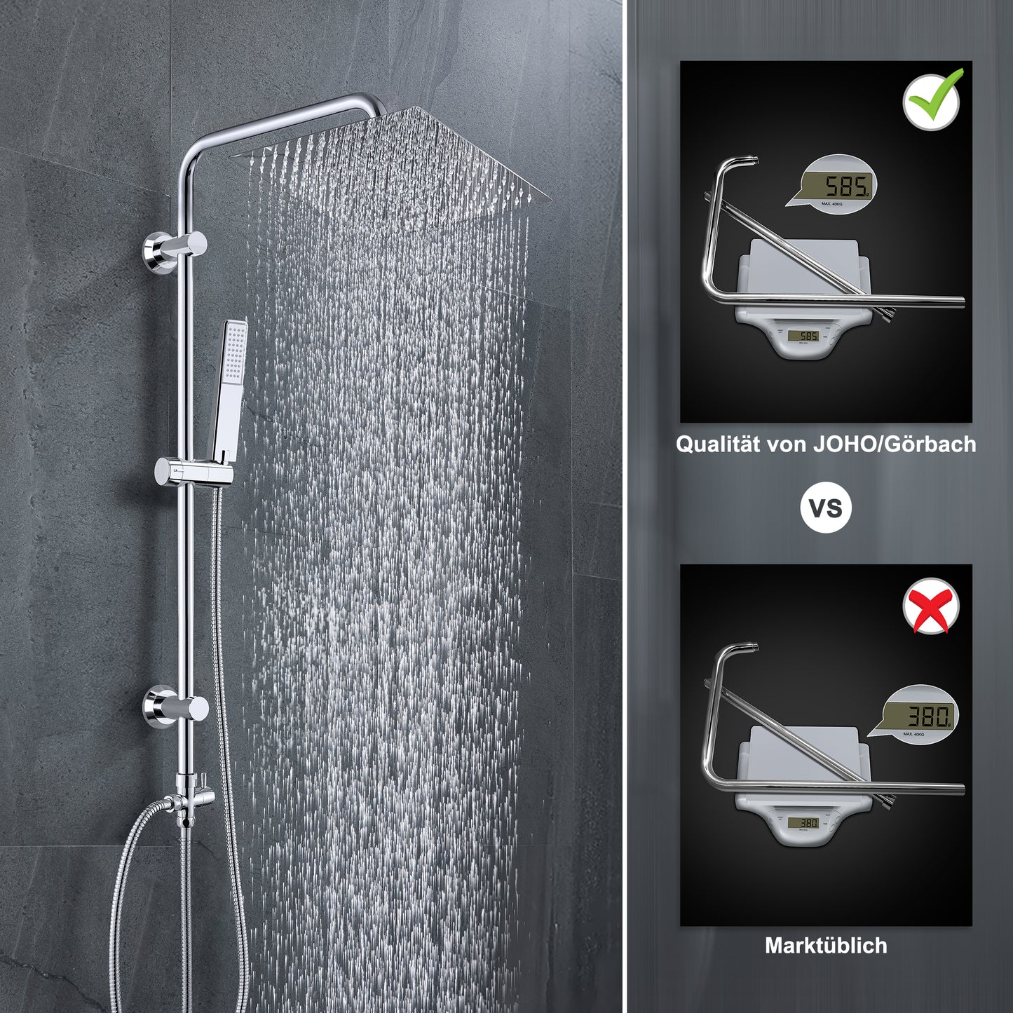 JOHO Edelstahl Duschsystem Duschset Überkopfbrauseset mit 92CM Duschstange Eckig