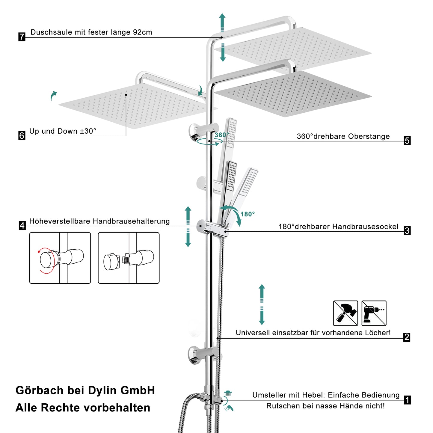 JOHO Edelstahl Duschsystem Duschset Überkopfbrauseset mit 92CM Duschstange Eckig