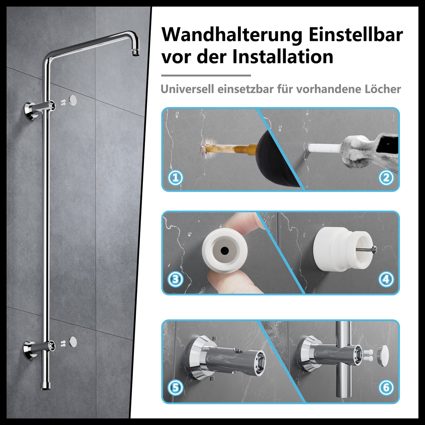 OHO Edelstahl Duschstange mit Variable Wandbefestigungen, Wandstange Regendusche Brausearm Brausestange Duschsäule mit fester Länge 92cm Chrom