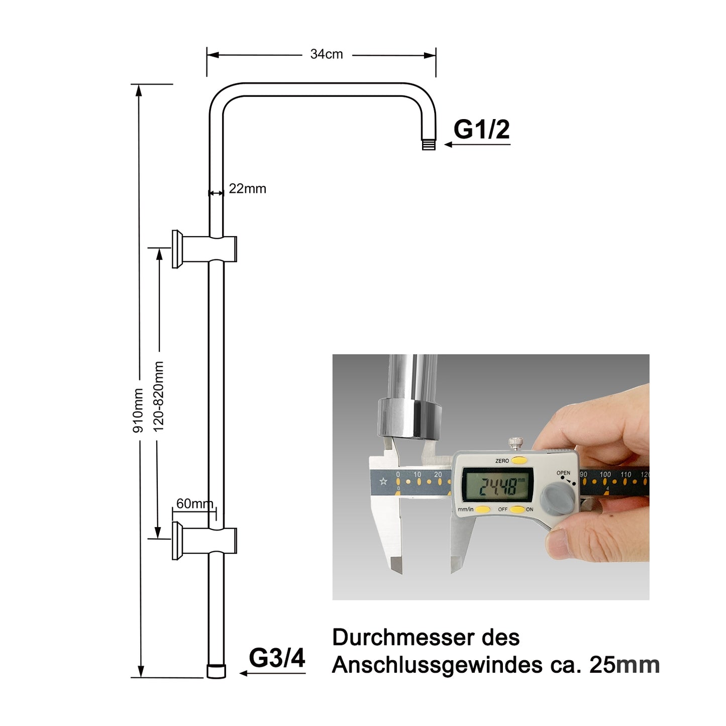 OHO Edelstahl Duschstange mit Variable Wandbefestigungen, Wandstange Regendusche Brausearm Brausestange Duschsäule mit fester Länge 92cm Chrom