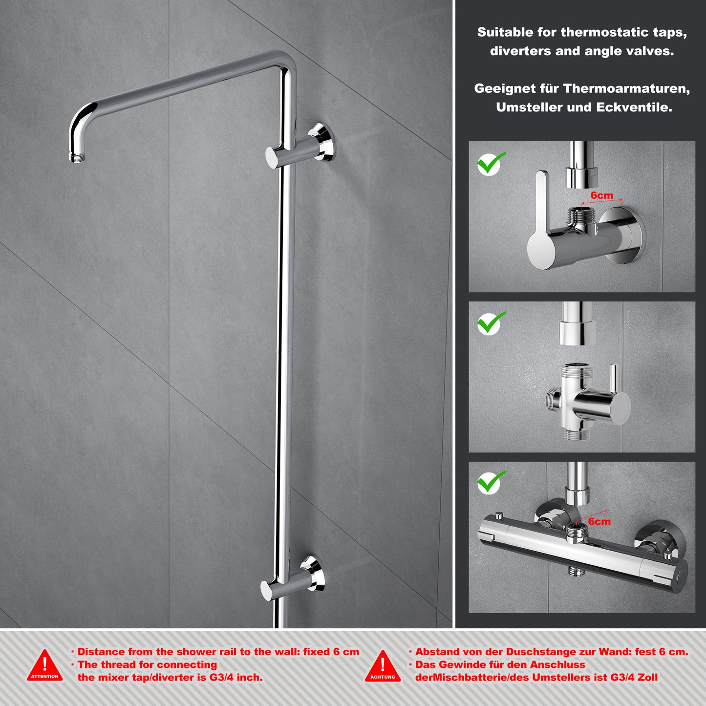 OHO Edelstahl Duschstange mit Variable Wandbefestigungen, Wandstange Regendusche Brausearm Brausestange Duschsäule mit fester Länge 92cm Chrom