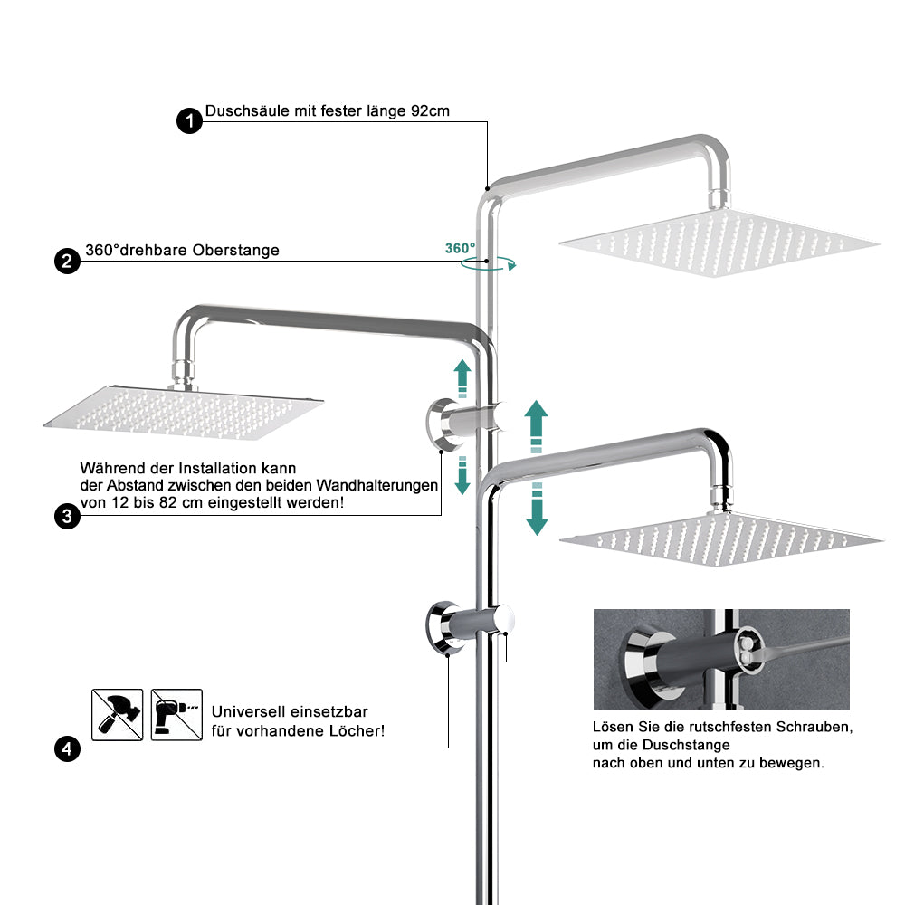 OHO Edelstahl Duschstange mit Variable Wandbefestigungen, Wandstange Regendusche Brausearm Brausestange Duschsäule mit fester Länge 92cm Chrom