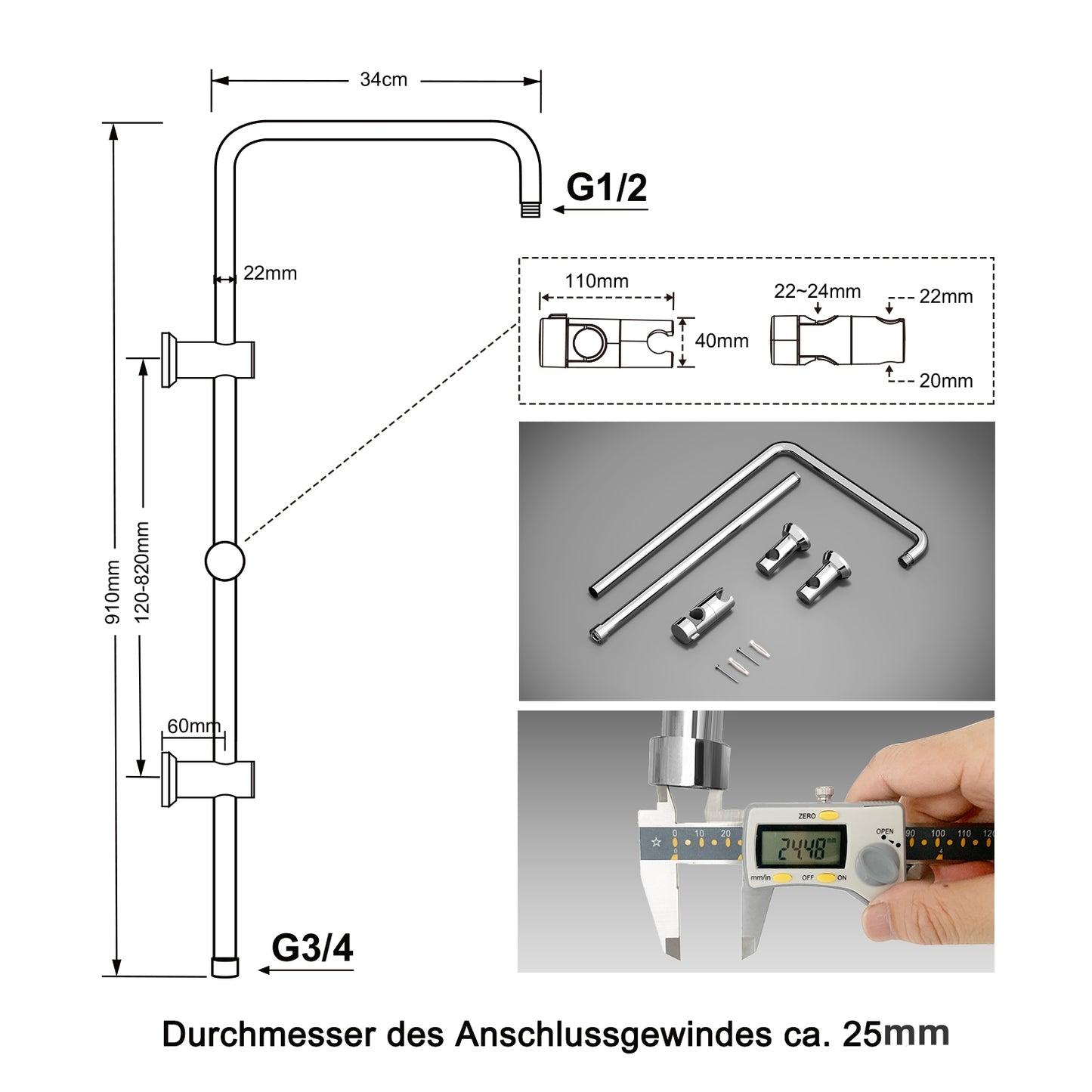 JOHO Edelstahl Duschstange mit Handbrausehalter und Variable Wandbefestigungen, Wandstange Regendusche Brausearm Brausestange Duschsäule mit fester Länge 92cm Chrom