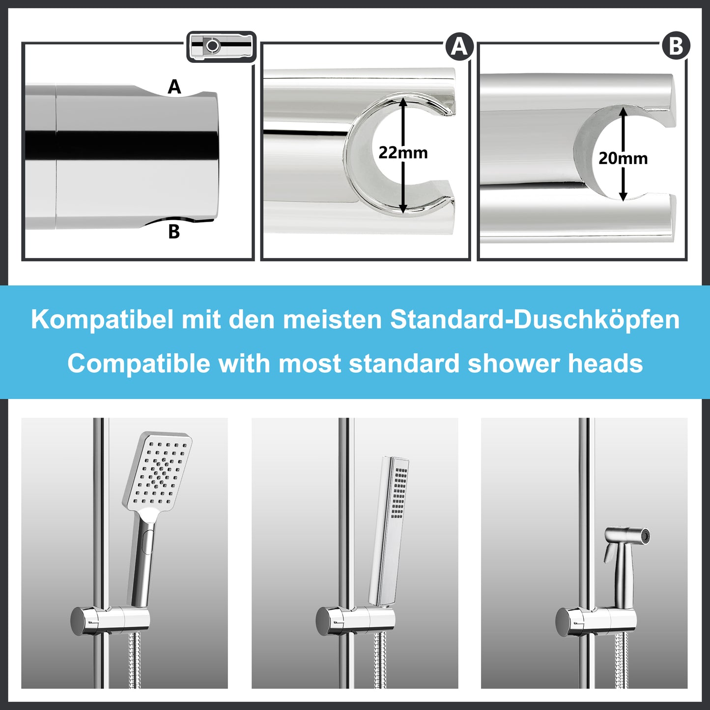 JOHO Edelstahl Duschstange mit Handbrausehalter und Gewindeadapter, Variable Wandbefestigungen Wandstange Duschrohr für Regendusche Brausearm Chrom