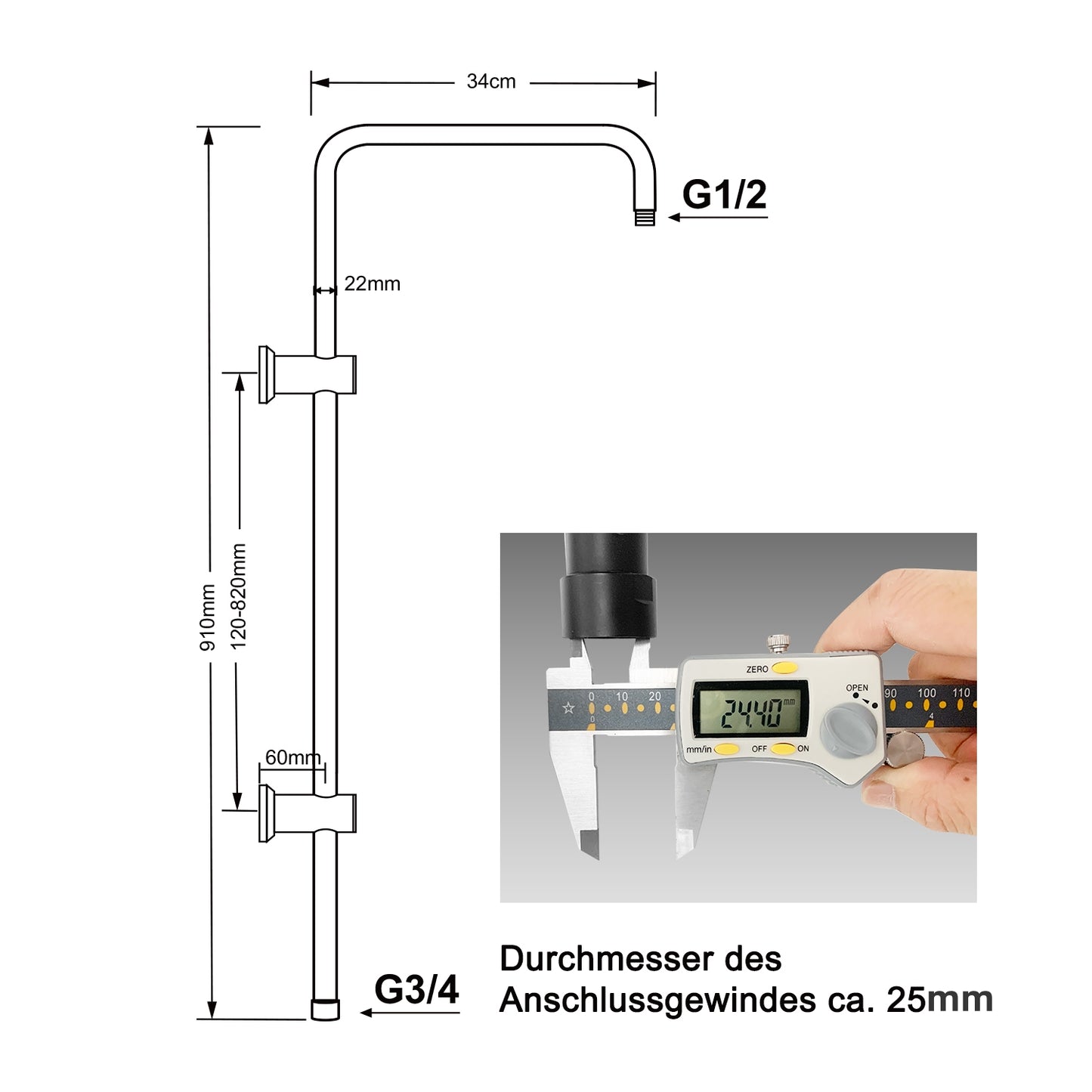 JOHO Edelstahl Duschstange mit Variable Wandbefestigungen, Wandstange Regendusche Duschrohr Brausearm Brausestange Duschsäule mit fester Länge 92cm, Duschsystem Zubehör Schwarz