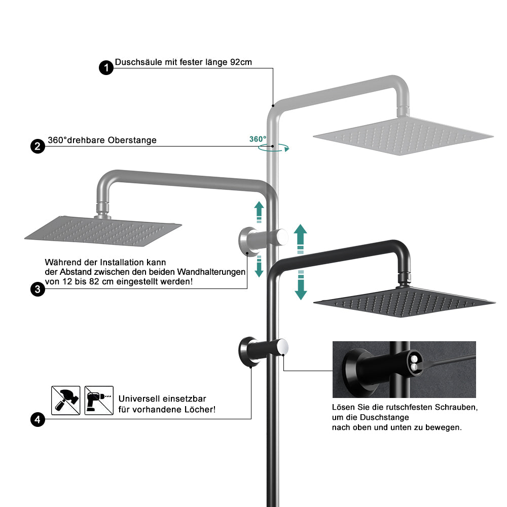 JOHO Edelstahl Duschstange mit Variable Wandbefestigungen, Wandstange Regendusche Duschrohr Brausearm Brausestange Duschsäule mit fester Länge 92cm, Duschsystem Zubehör Schwarz