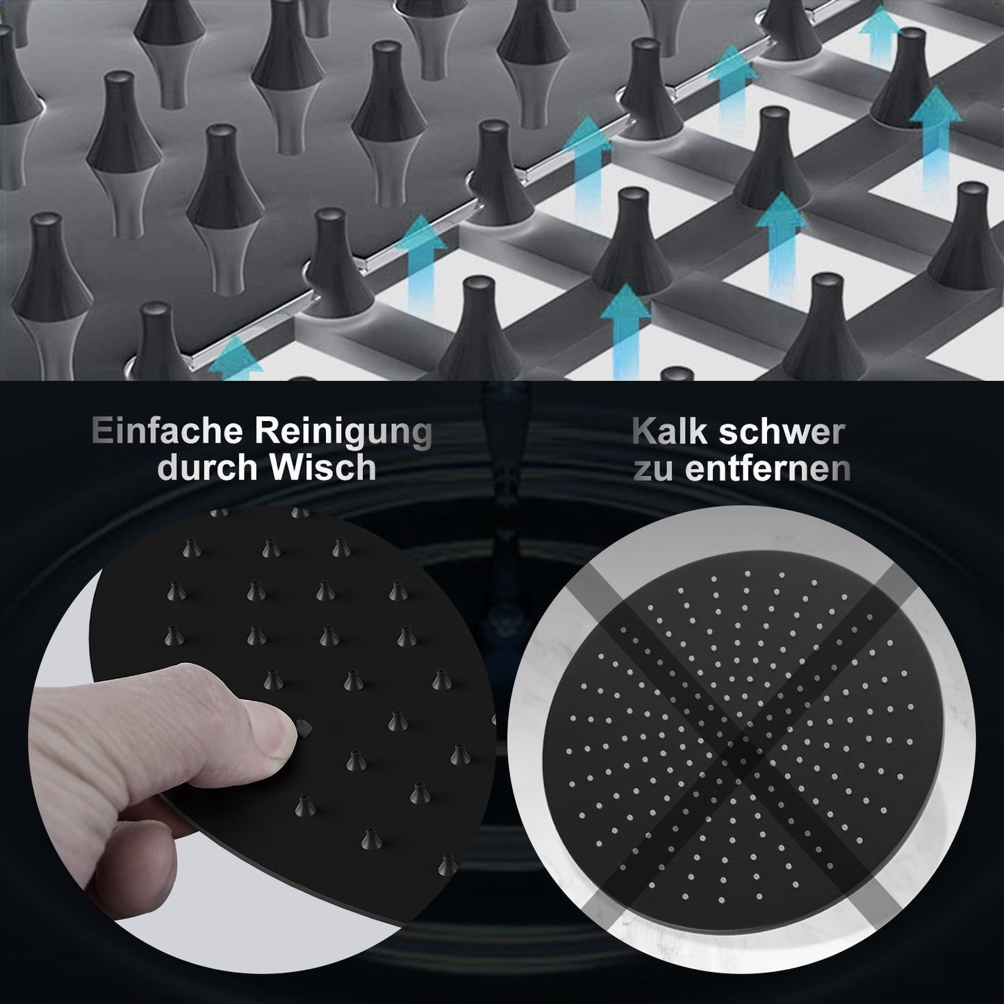 JOHO Edelstahl Kopfbrause Regendusche Duschkopf Runden Einbauduschkopf Mit Anti-Kalk Düsen Schwarz