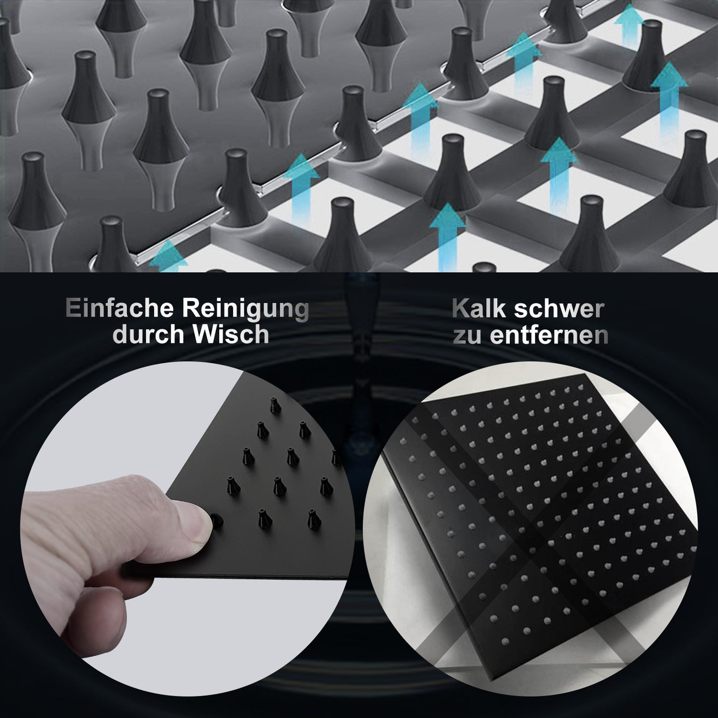 JOHO Edelstahl Kopfbrause Regendusche Duschkopf Eckigen Einbauduschkopf Mit Anti-Kalk Düsen Schwarz