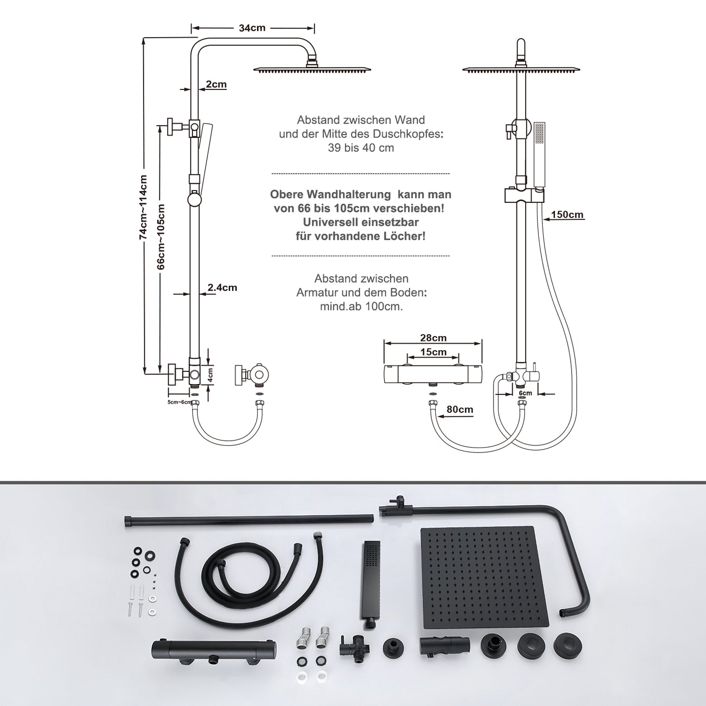 JOHO Edelstahl Duschsystem mit Thermostatarmatur, Regendusche Duschset mit Mischbatterie Duscharmatur, Duschstange, Kopfbrause 30 * 30cm, Schwarz