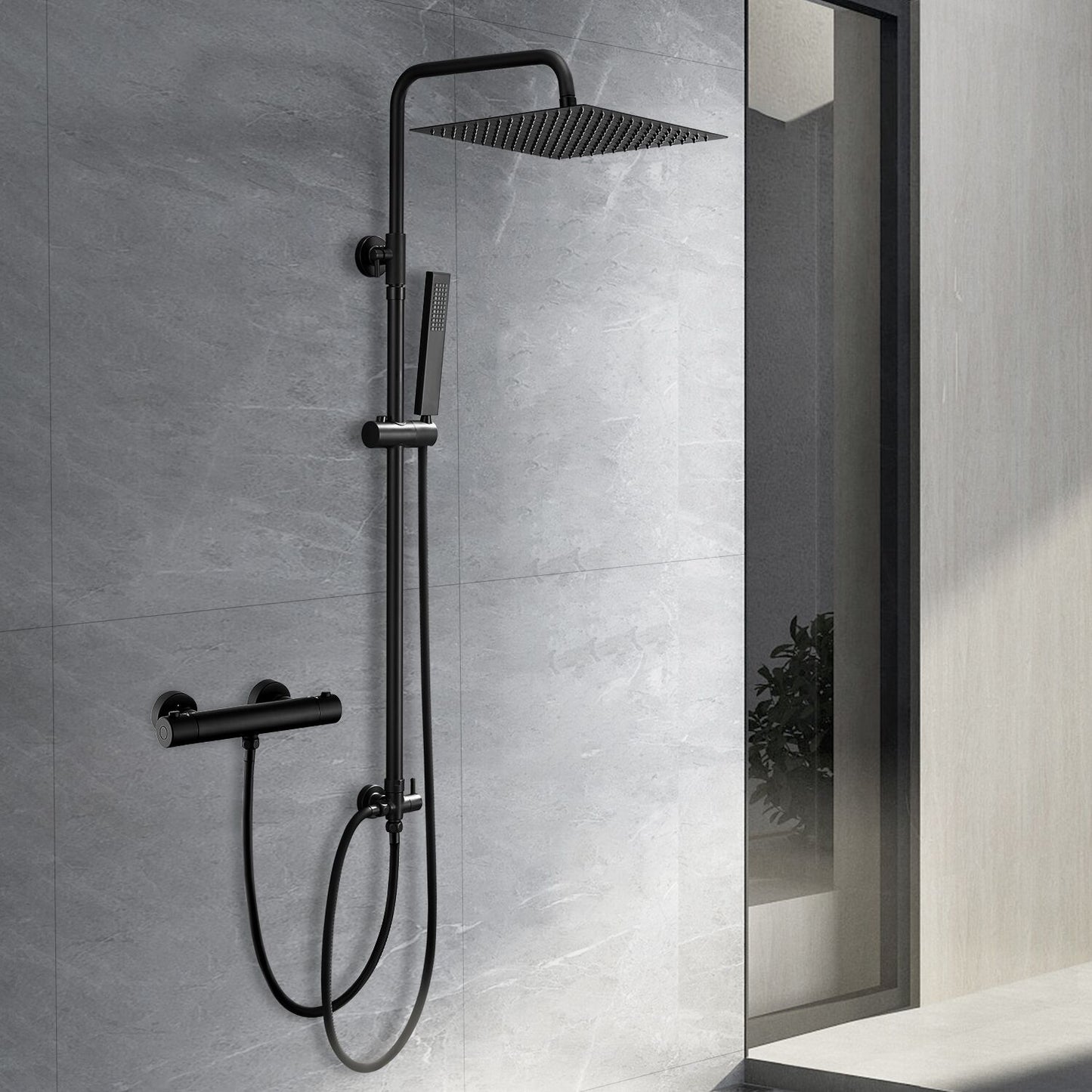 JOHO Edelstahl Duschsystem mit Thermostatarmatur, Regendusche Duschset mit Mischbatterie Duscharmatur, Duschstange, Kopfbrause 30 * 30cm, Schwarz