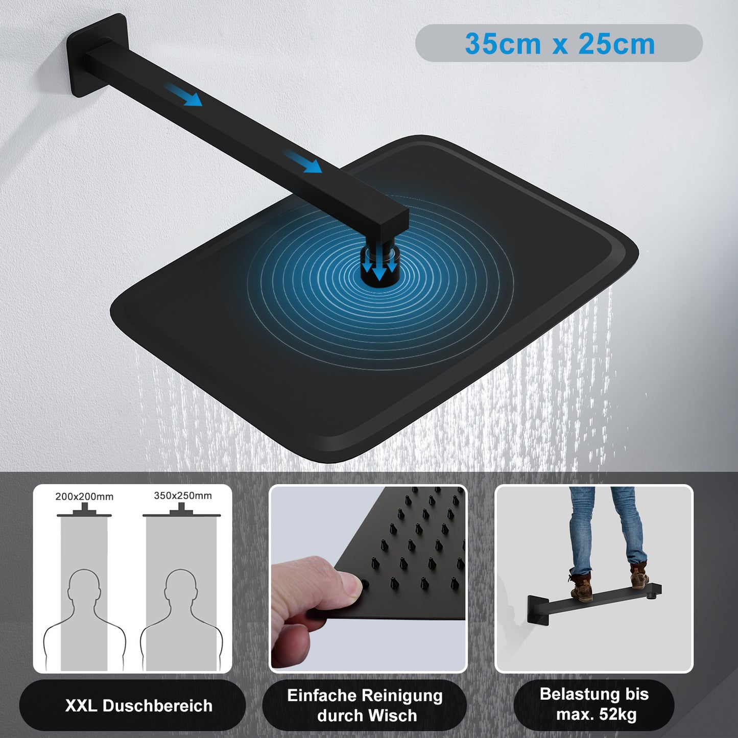 JOHO Kopfbrause Regendusche Duschkopf Brausekopf Einbauduschkopf aus 304 Edelstahl mit Bombenfester Brausearm Wandarm Duscharm 37cm Schwarz(35x25cm/37cm)