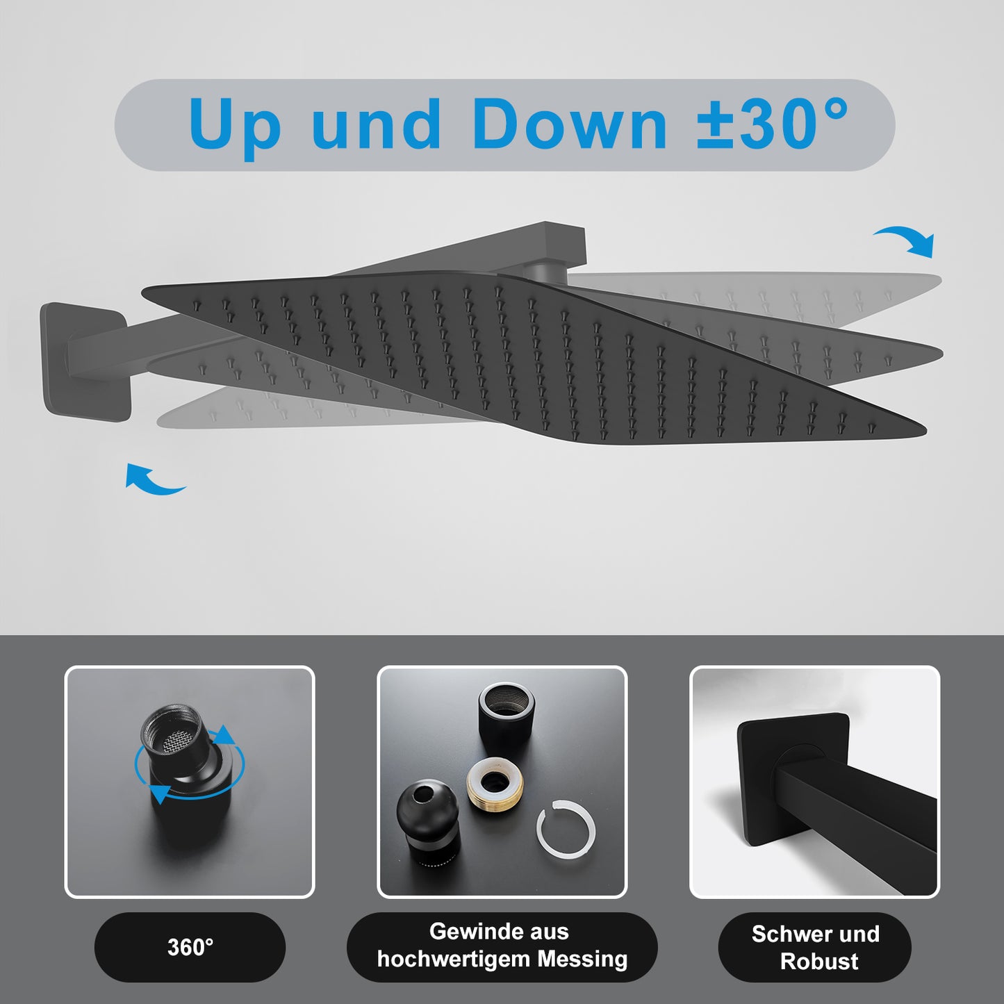 JOHO Kopfbrause Regendusche Duschkopf Brausekopf Einbauduschkopf aus 304 Edelstahl mit Bombenfester Brausearm Wandarm Duscharm 37cm Schwarz(35x25cm/37cm)