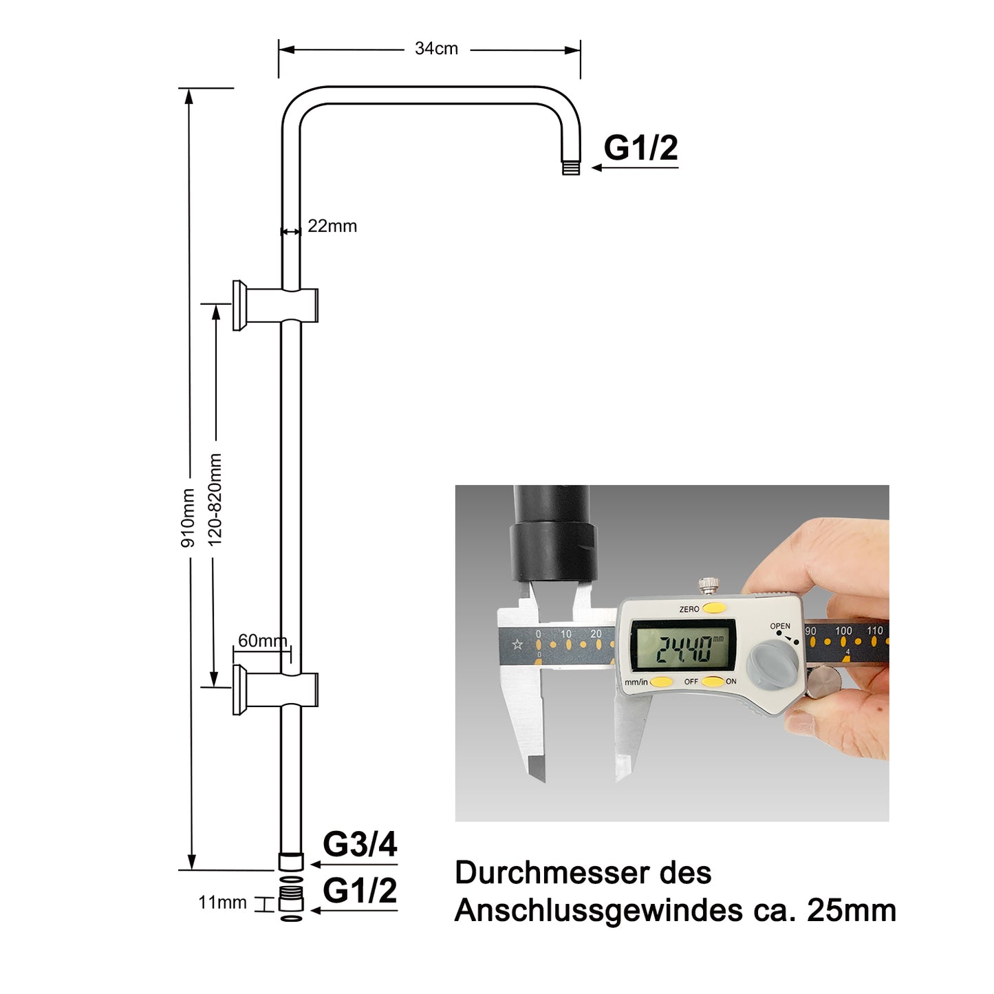 JOHO Edelstahl Duschstange mit Gewindeadapter, Variable Wandbefestigungen Wandstange Regendusche Duschrohr Brausearm Brausestange Duschsäule Schwarz