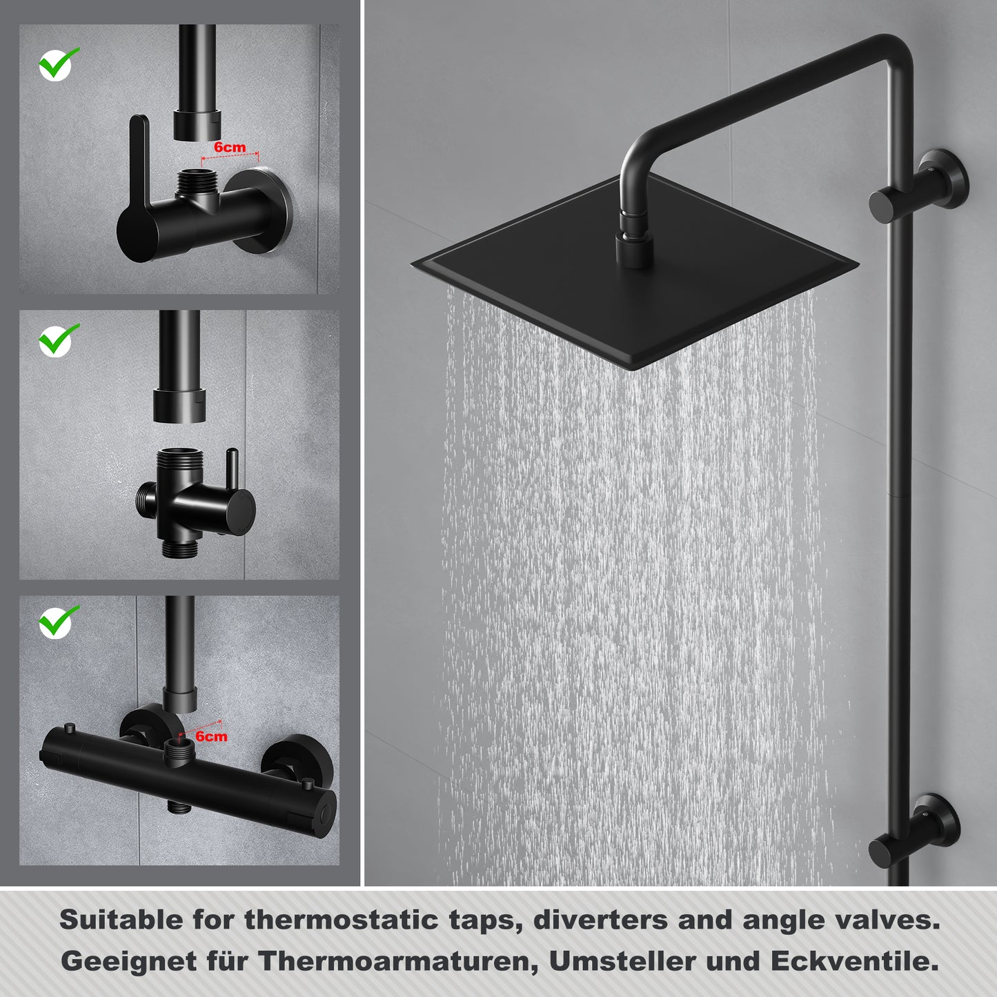 JOHO Edelstahl Duschstange mit Gewindeadapter, Variable Wandbefestigungen Wandstange Regendusche Duschrohr Brausearm Brausestange Duschsäule Schwarz