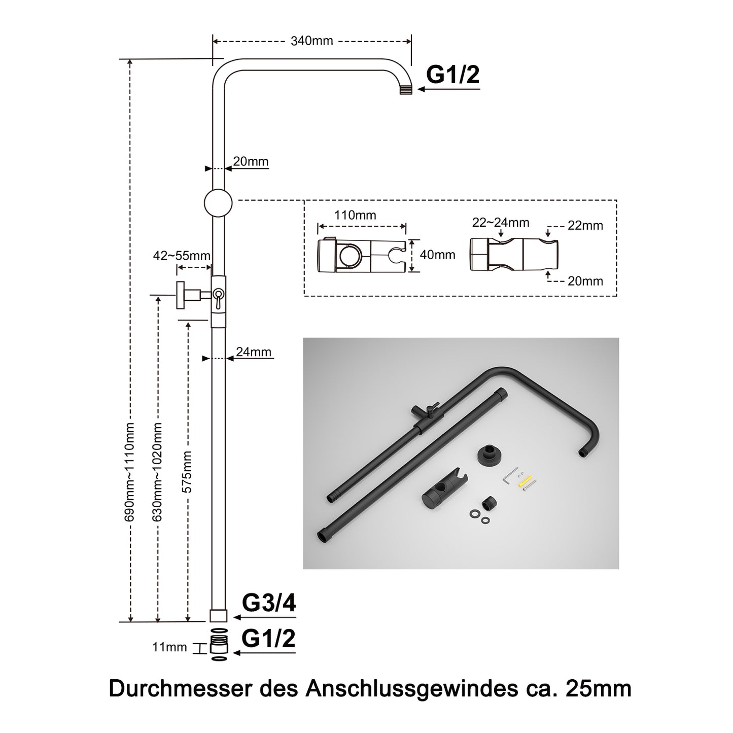 JOHO Höheverstellbare Duschstange mit Handbrausehalter und Gewindeadapter, Edelstahl Duschsäule Wandstange Brausearm mit Verstellbare Länge Schwarz
