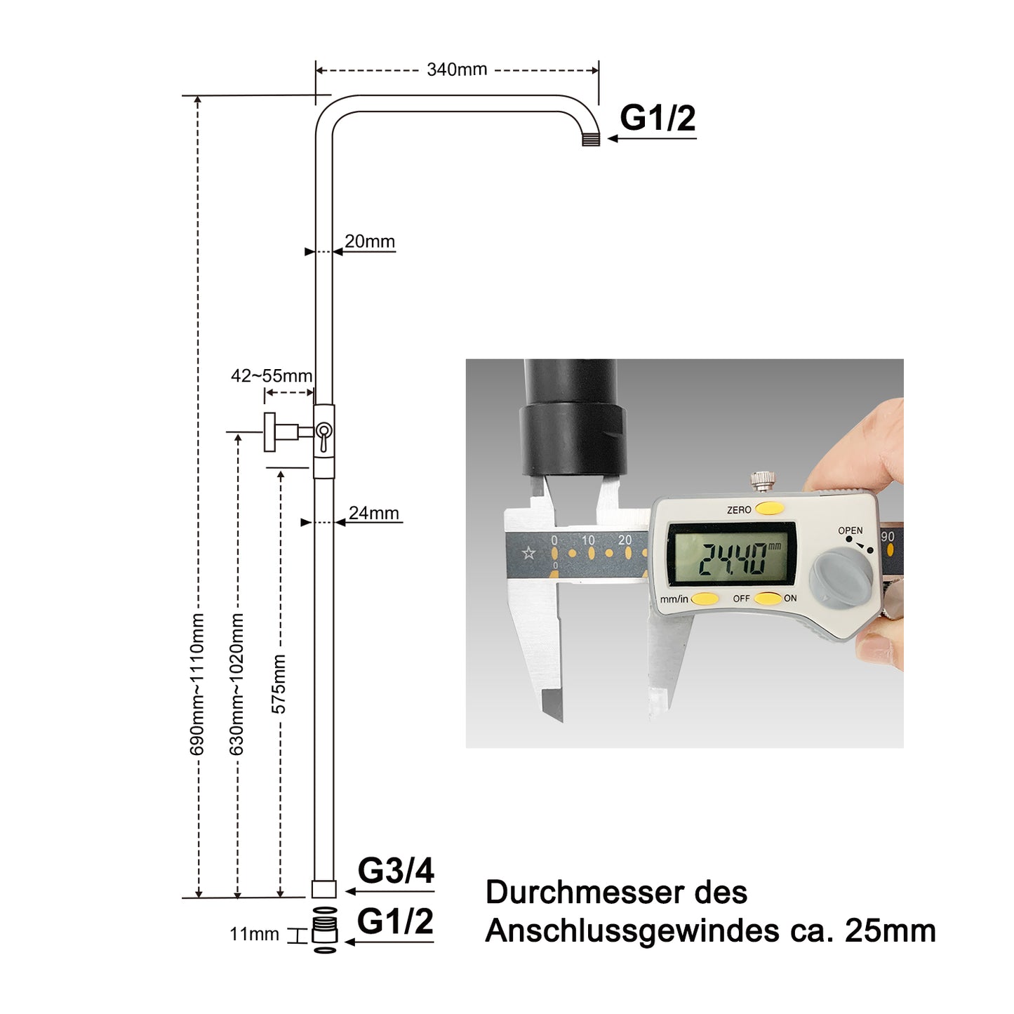 JOHO Höheverstellbare Duschstange aus Edelstahl mit Gewindeadapter,Duschsystem Zubehör Duschsäule Duschrohr für Regendusche Wandstange Brausearm mit verstellbare Länge von 69 bis 111cm Schwarz