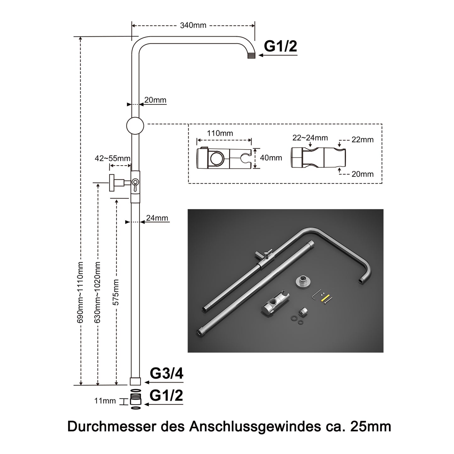JOHO Höheverstellbare Duschstange mit Handbrausehalter Duschhalterung und Gewindeadapter, Edelstahl Duschsäule Wandstange Regendusche Duschrohr Brausearm mit Verstellbare Länge von 69 bis 111cm Chroms
