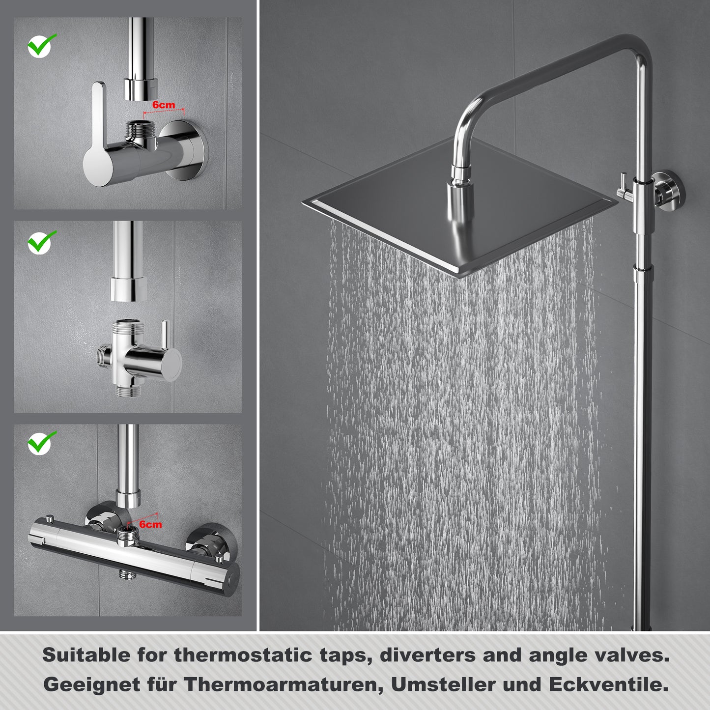 JOHO Höheverstellbare Duschstange mit Gewindeadapter 1/2 Zoll IG auf 3/4 Zoll AG, Edelstahl Duschsystem Zubehör Wandstange Regendusche rohr Brausearm mit verstellbare Länge von 69 bis 111cm Chrom