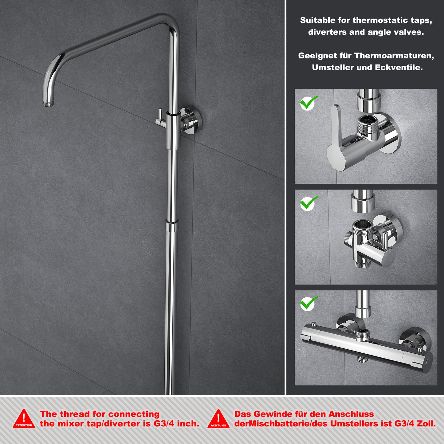 JOHO Höheverstellbare Duschstange aus Edelstahl Duschsäule Wandstange Regendusche Brausearm mit verstellbare Länge von 69 bis 111cm Chrom