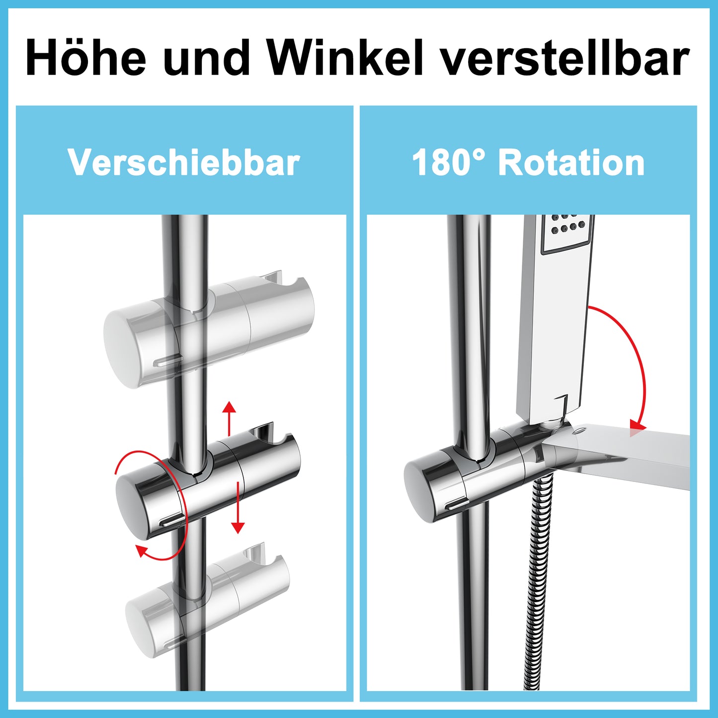 JOHO Höheverstellbare Duschstange mit Handbrausehalter Duschhalterung und Gewindeadapter, Edelstahl Duschsäule Wandstange Regendusche Duschrohr Brausearm mit Verstellbare Länge von 69 bis 111cm Chroms