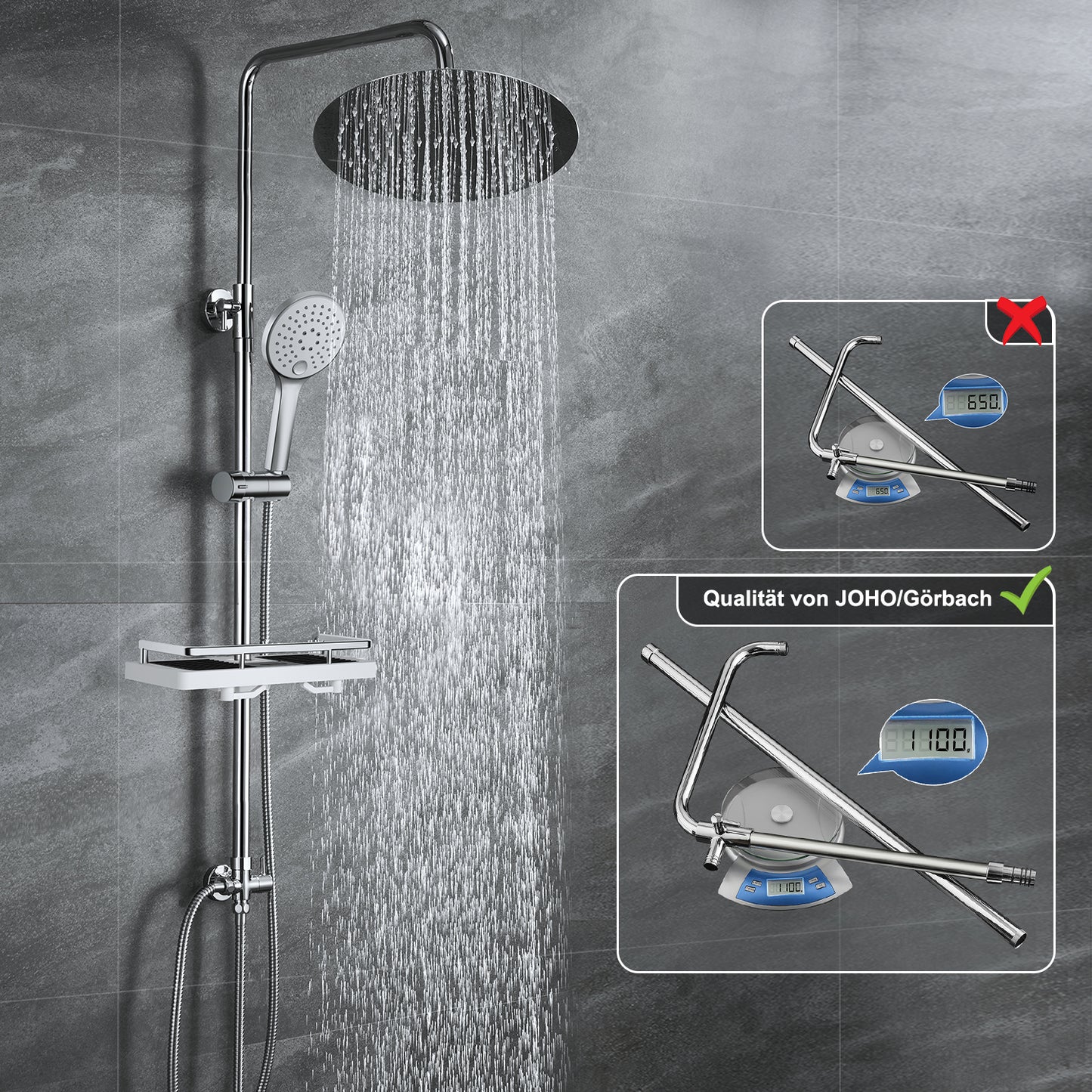 JOHO Edelstahl Regendusche Duschset mit rund Kopfbrause und Ablage Chrom