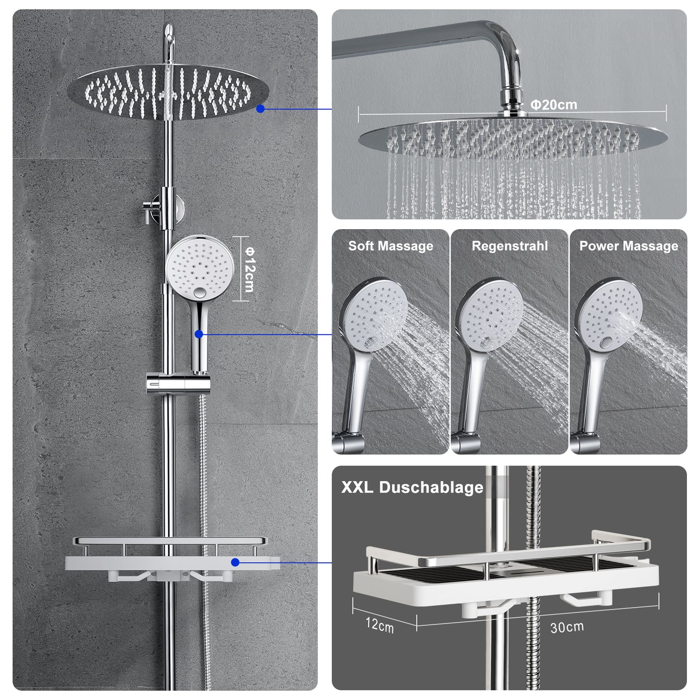 JOHO Edelstahl Regendusche Duschset mit rund Kopfbrause und Ablage Chrom