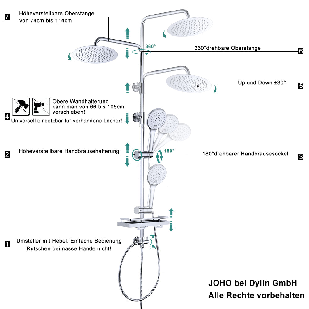 JOHO Edelstahl Regendusche Duschset mit rund Kopfbrause und Ablage Chrom