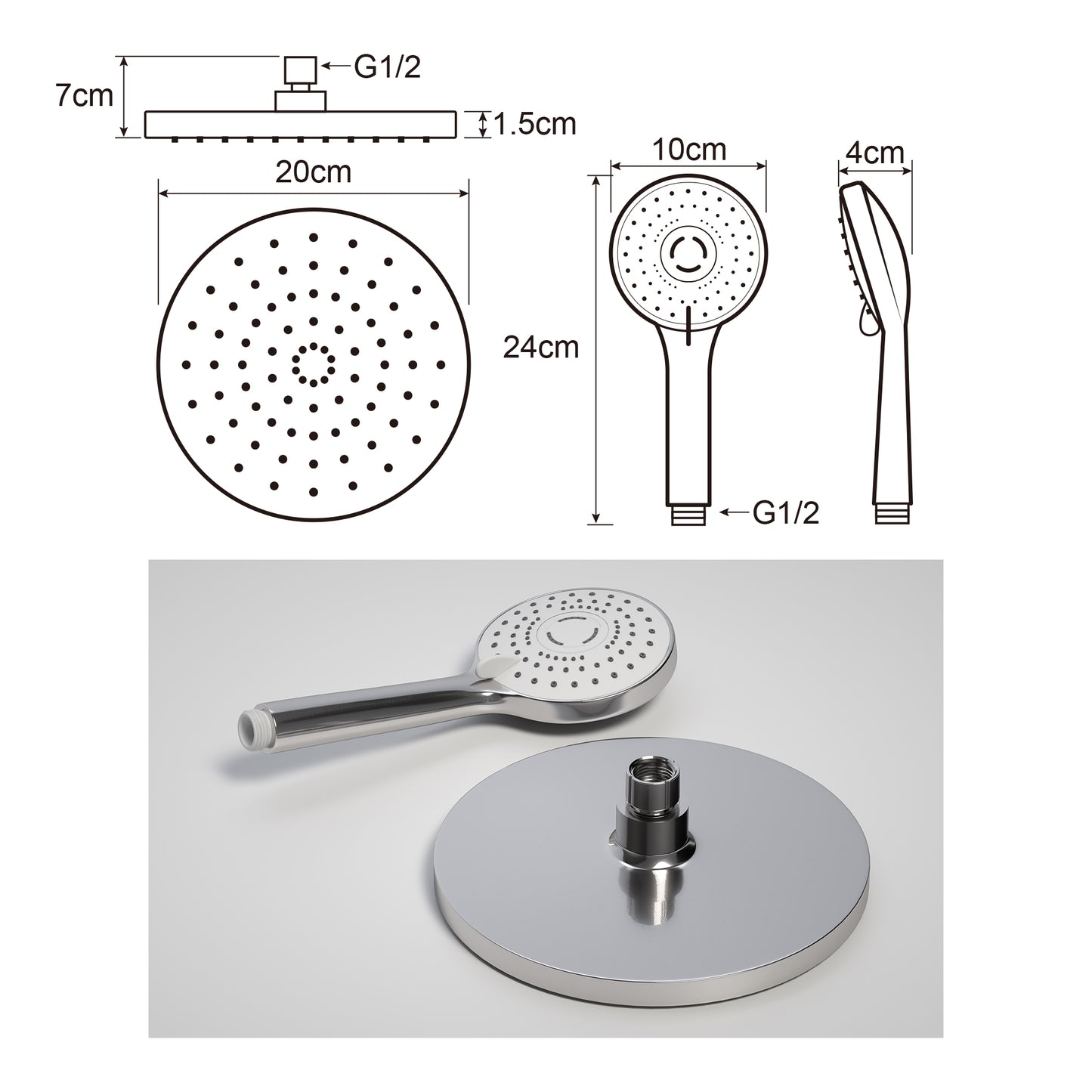 JOHO ABS Kopfbrause 8 Zoll Regendusche Duschkopf mit Handbrause, Runden Einbauduschkopf Mit Anti-Kalk Düsen D20cm Chrom
