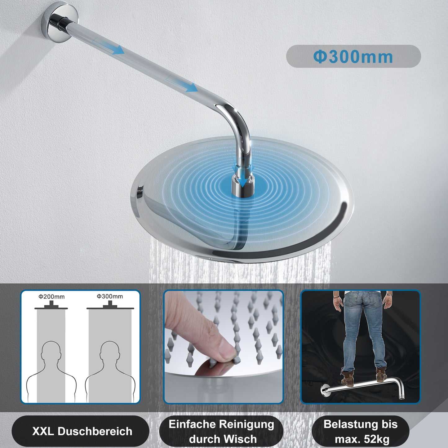 JOHO Regendusche Duschkopf groß Rund 30cm Überkopfbrauseset aus 304 Edelstahl mit Bombenfester Brausearm Wandarm (D30cm/40cm)