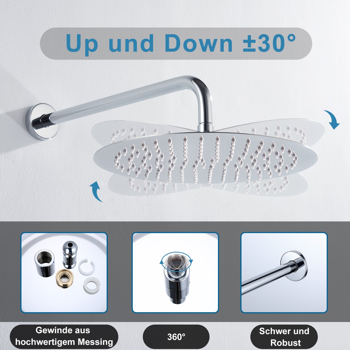 JOHO Regendusche Duschkopf groß Rund 30cm Überkopfbrauseset aus 304 Edelstahl mit Bombenfester Brausearm Wandarm (D30cm/40cm)
