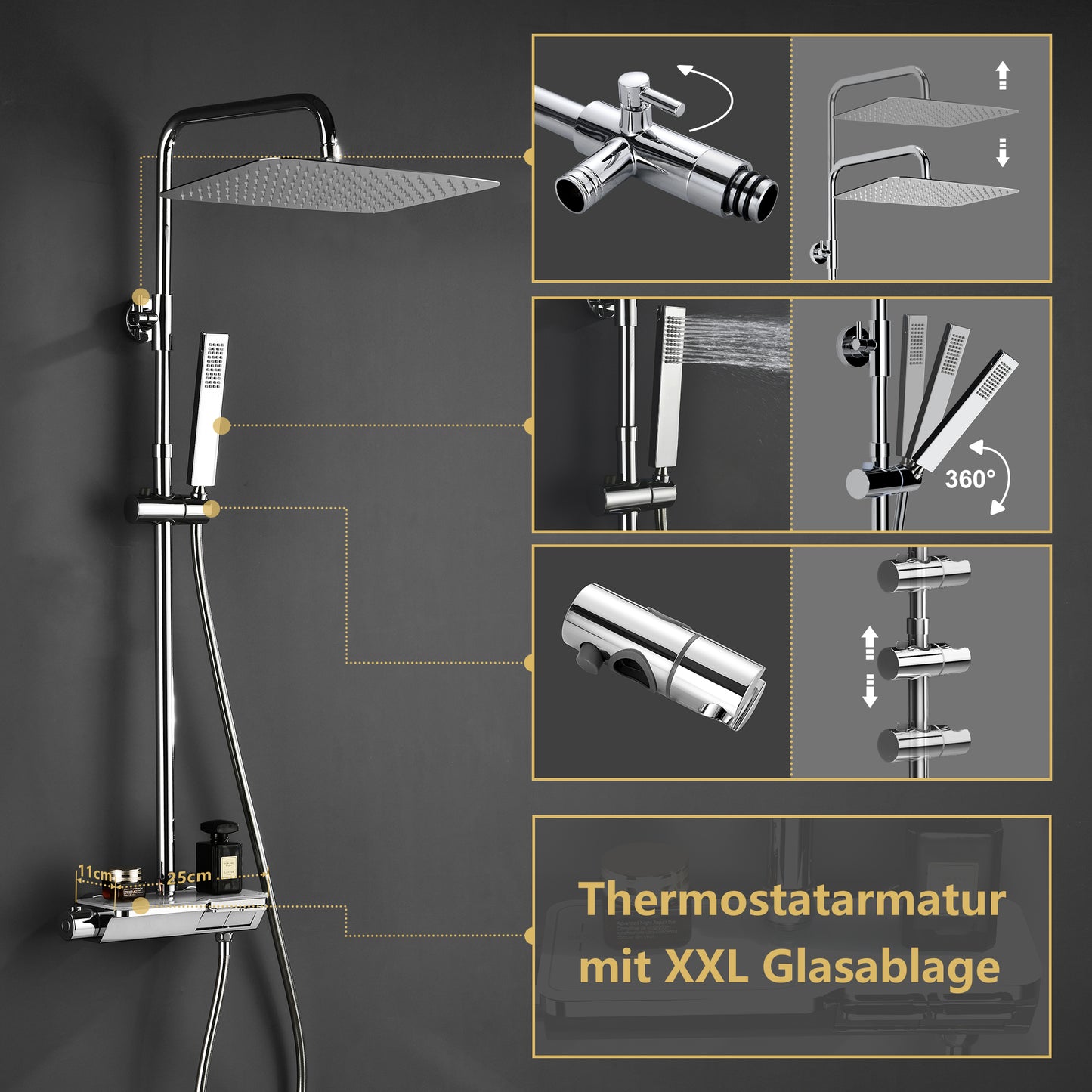 JOHO Thermostat Duschsystem mit Thermostatische, 35*25CM Überkopfbrause,Handbrause,Duschstange Chrom