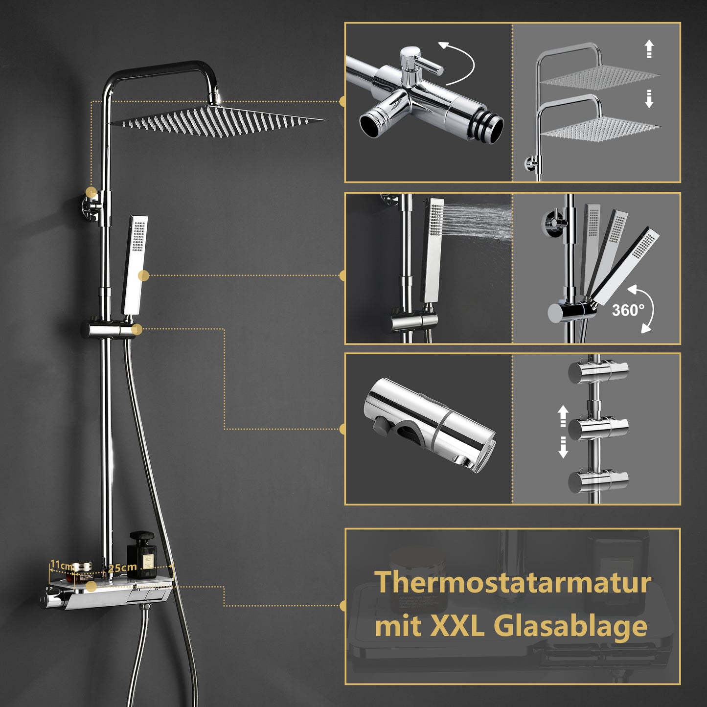 JOHO Thermostat Duschsystem mit Thermostatische, Überkopfbrause,Handbrause,Duschstange Chrom